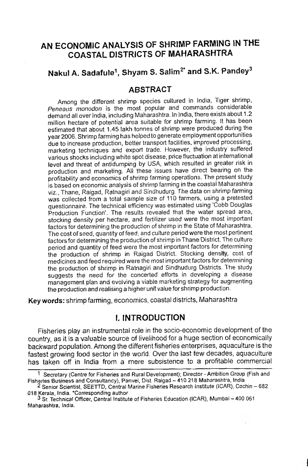 An Economic Analysis of Shrimp Farming in the Coastal Districts of Maharashtra