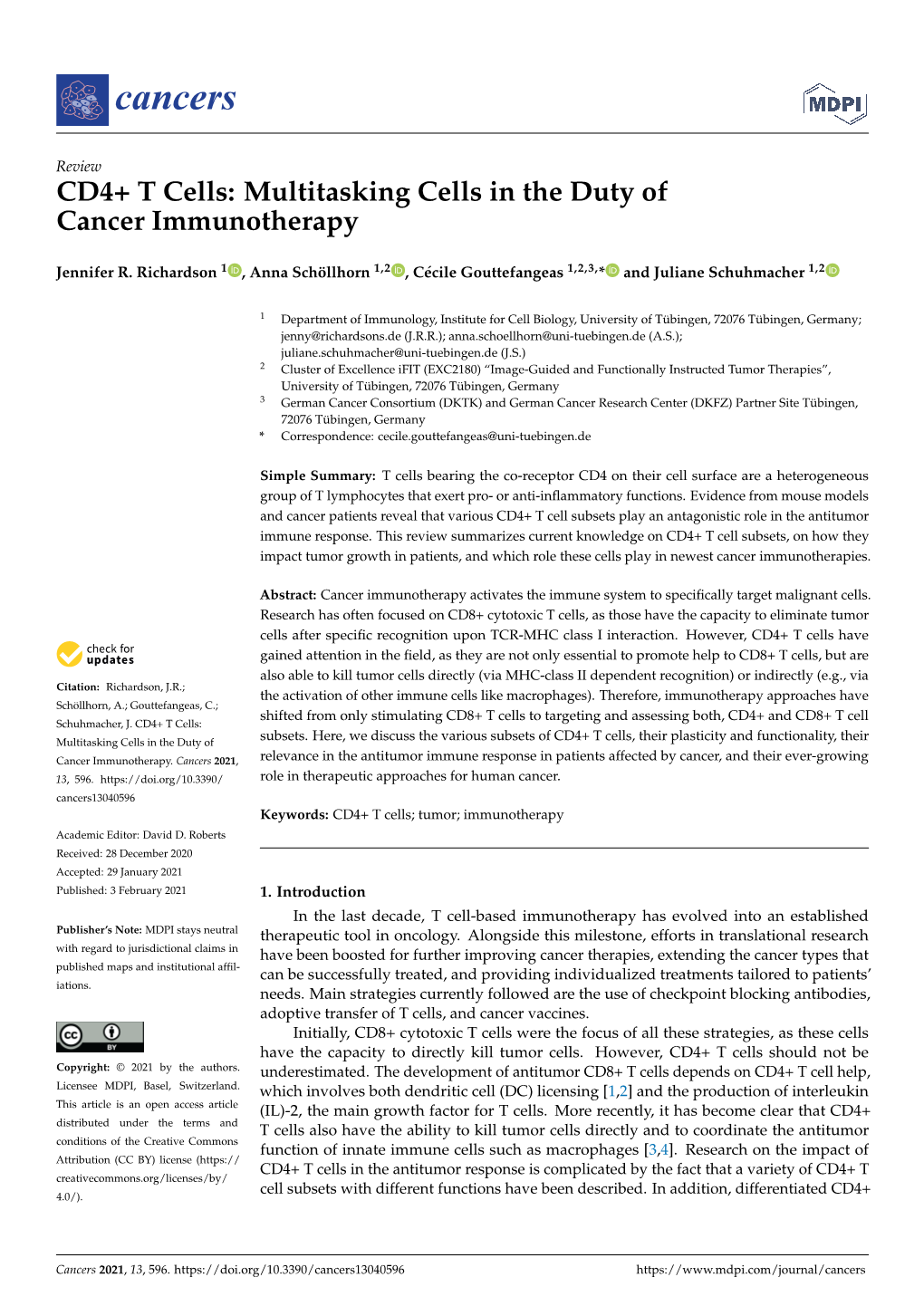 CD4+ T Cells: Multitasking Cells in the Duty of Cancer Immunotherapy