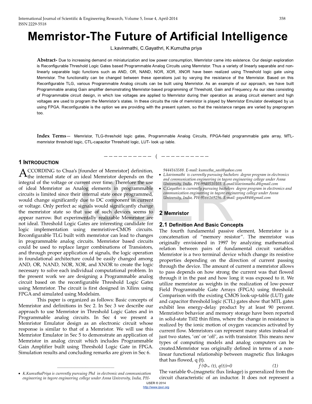 Memristor-The Future of Artificial Intelligence L.Kavinmathi, C.Gayathri, K.Kumutha Priya