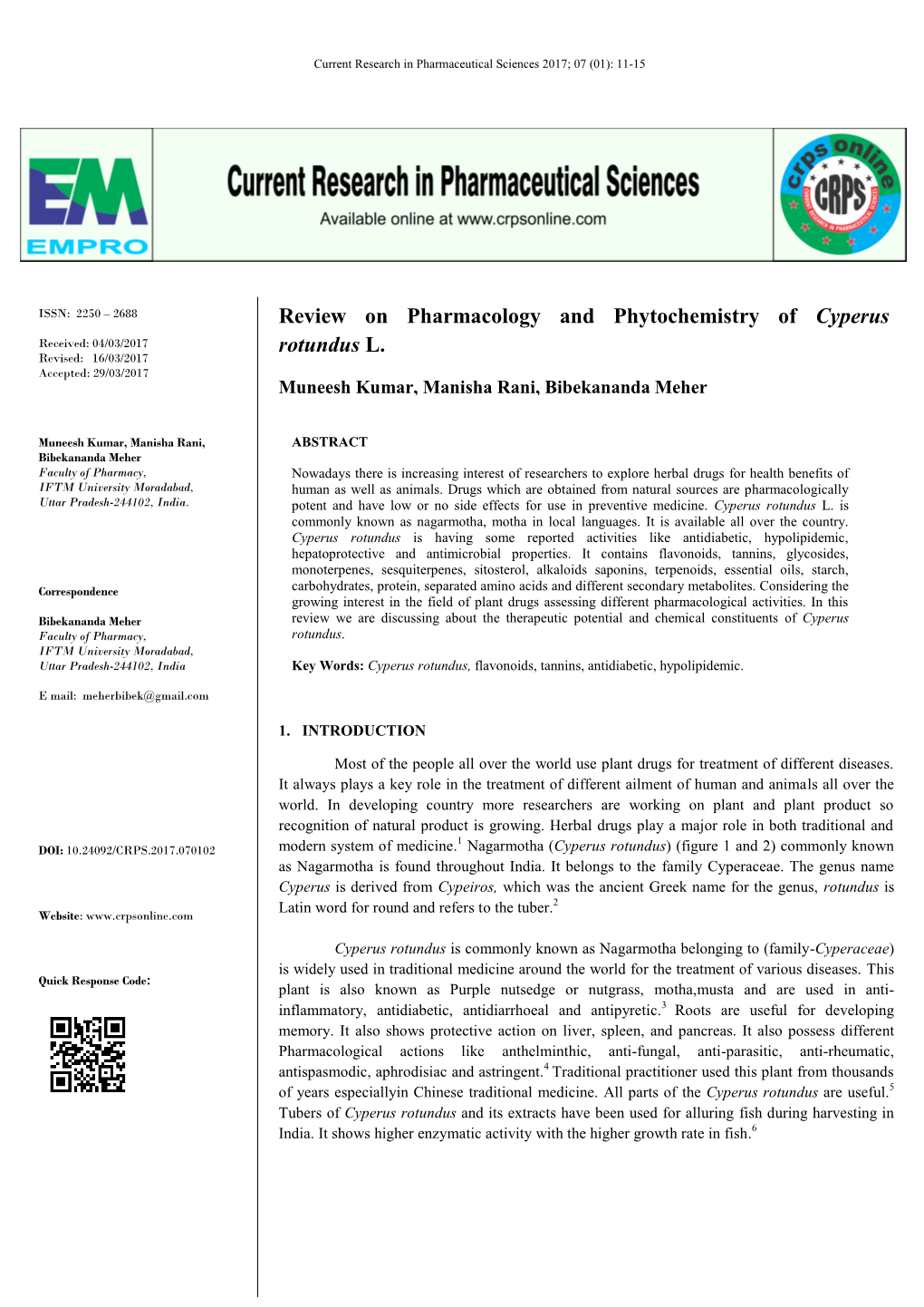 Review on Pharmacology and Phytochemistry of Cyperus