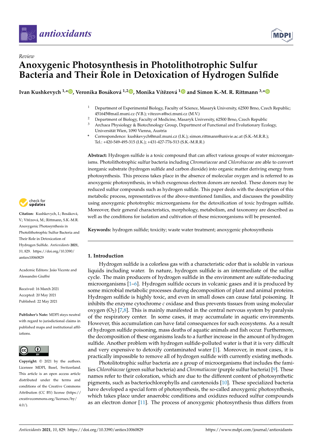 Anoxygenic Photosynthesis in Photolithotrophic Sulfur Bacteria and Their Role in Detoxication of Hydrogen Sulﬁde