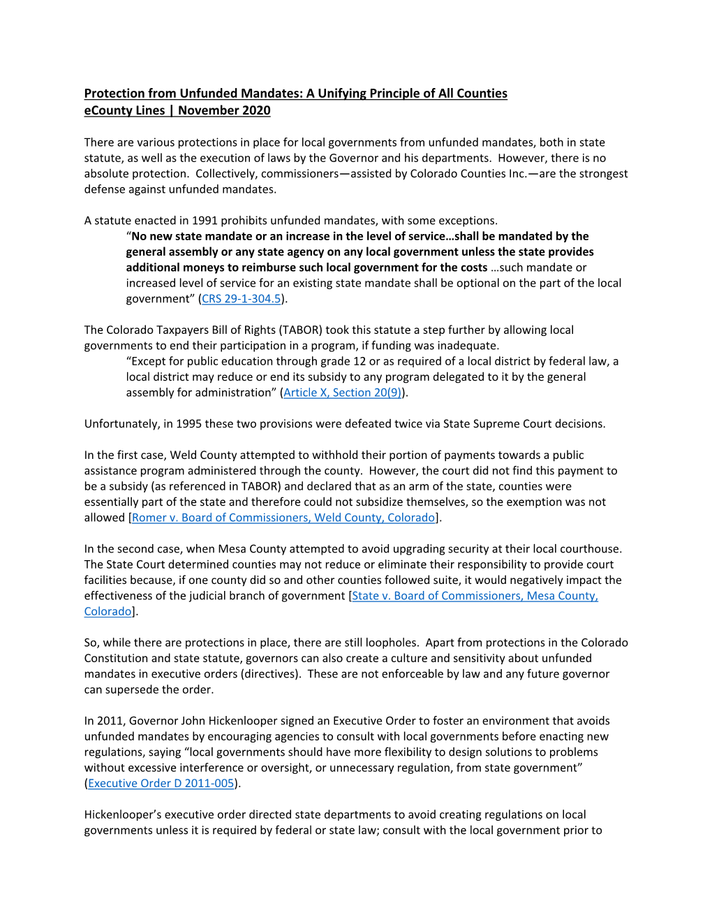 Unfunded Mandates: a Unifying Principle of All Counties Ecounty Lines | November 2020