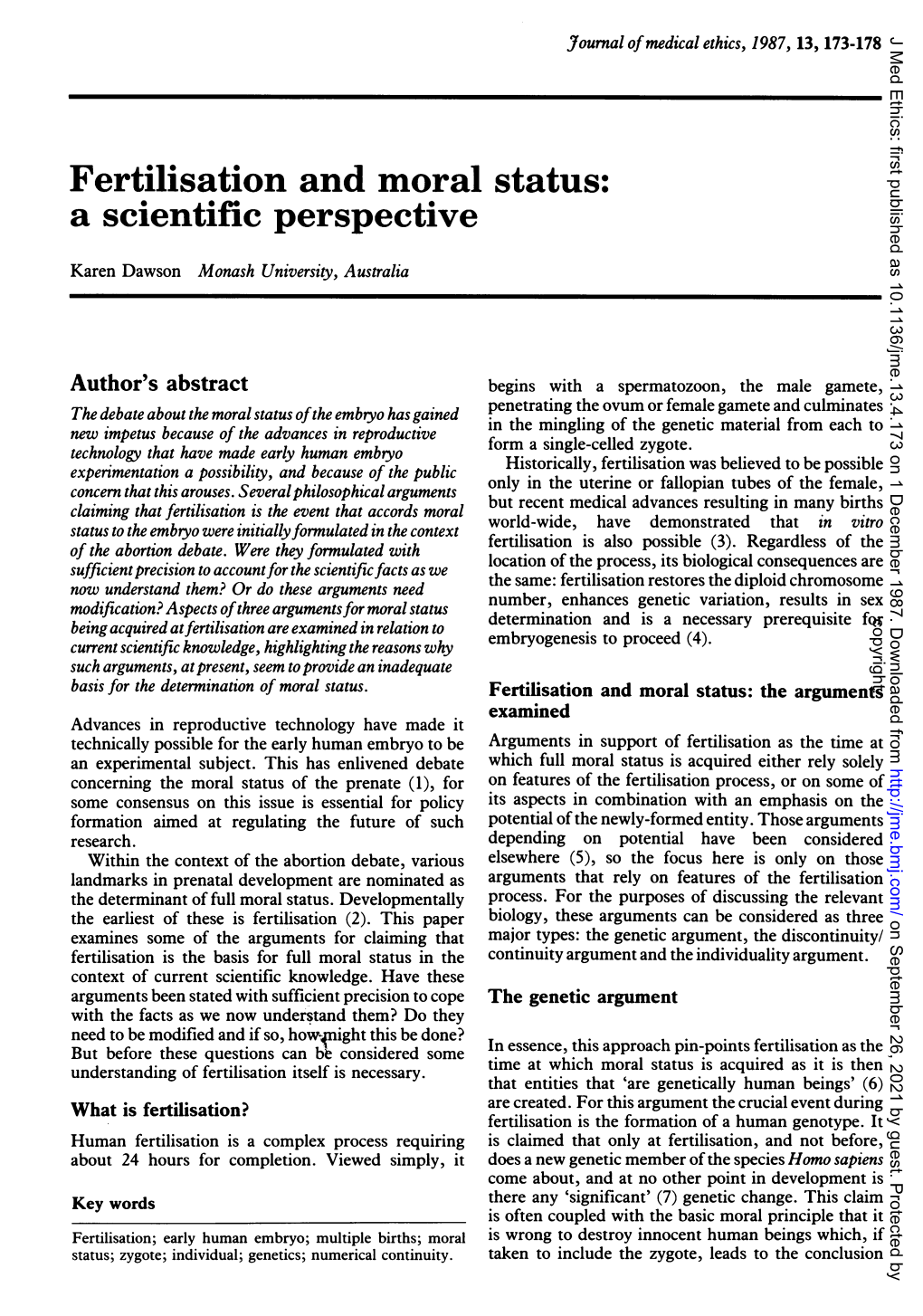 Fertilisation and Moral Status: a Scientific Perspective