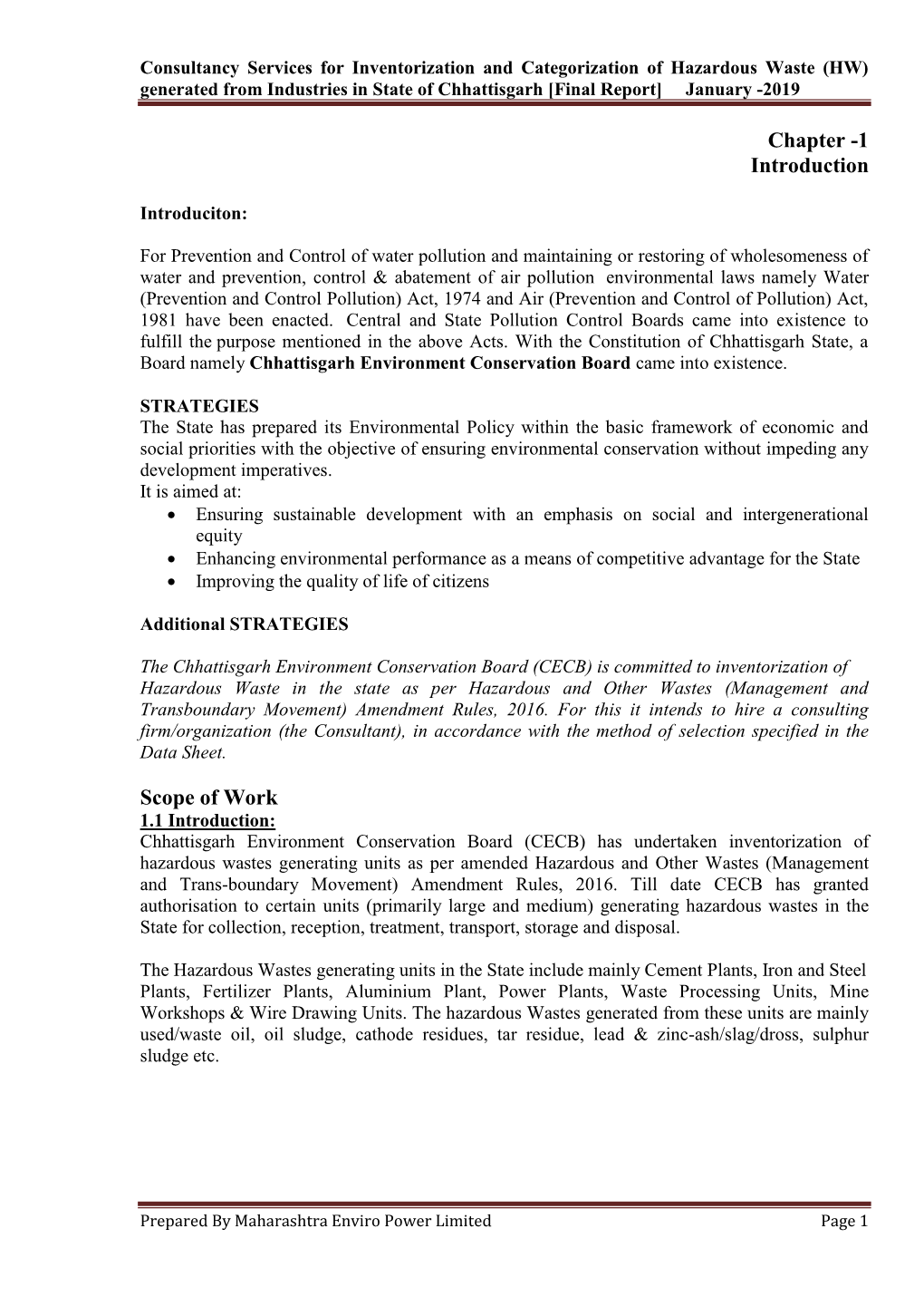 Inventorization and Categorization of Hazardous Waste (HW) Generated from Industries in State of Chhattisgarh [Final Report] January -2019