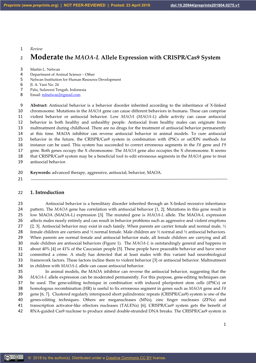 Moderate the MAOA-L Allele Expression with CRISPR/Cas9 System