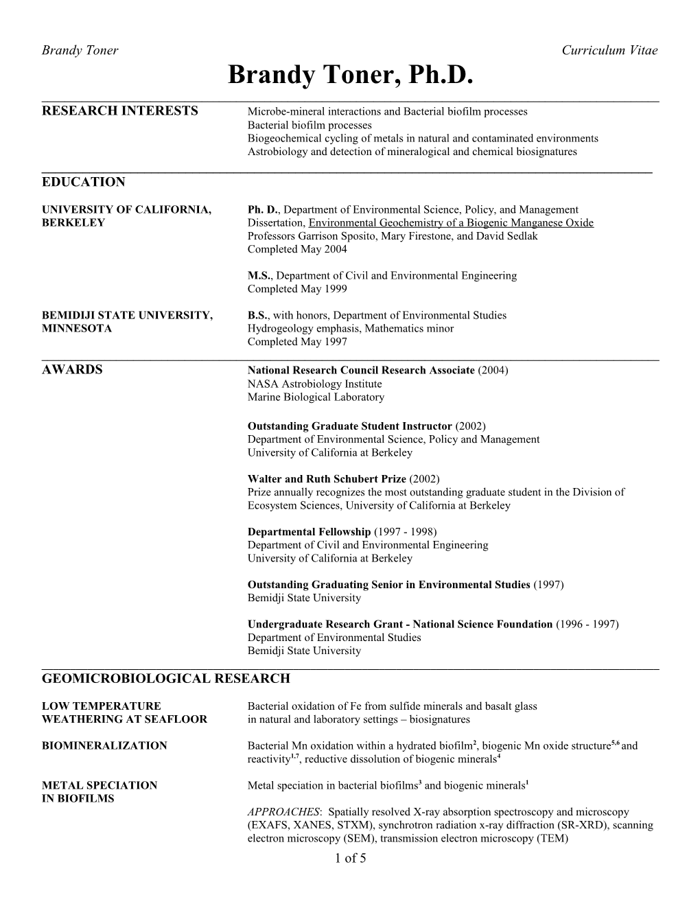 Brandy Toner Curriculum Vitae