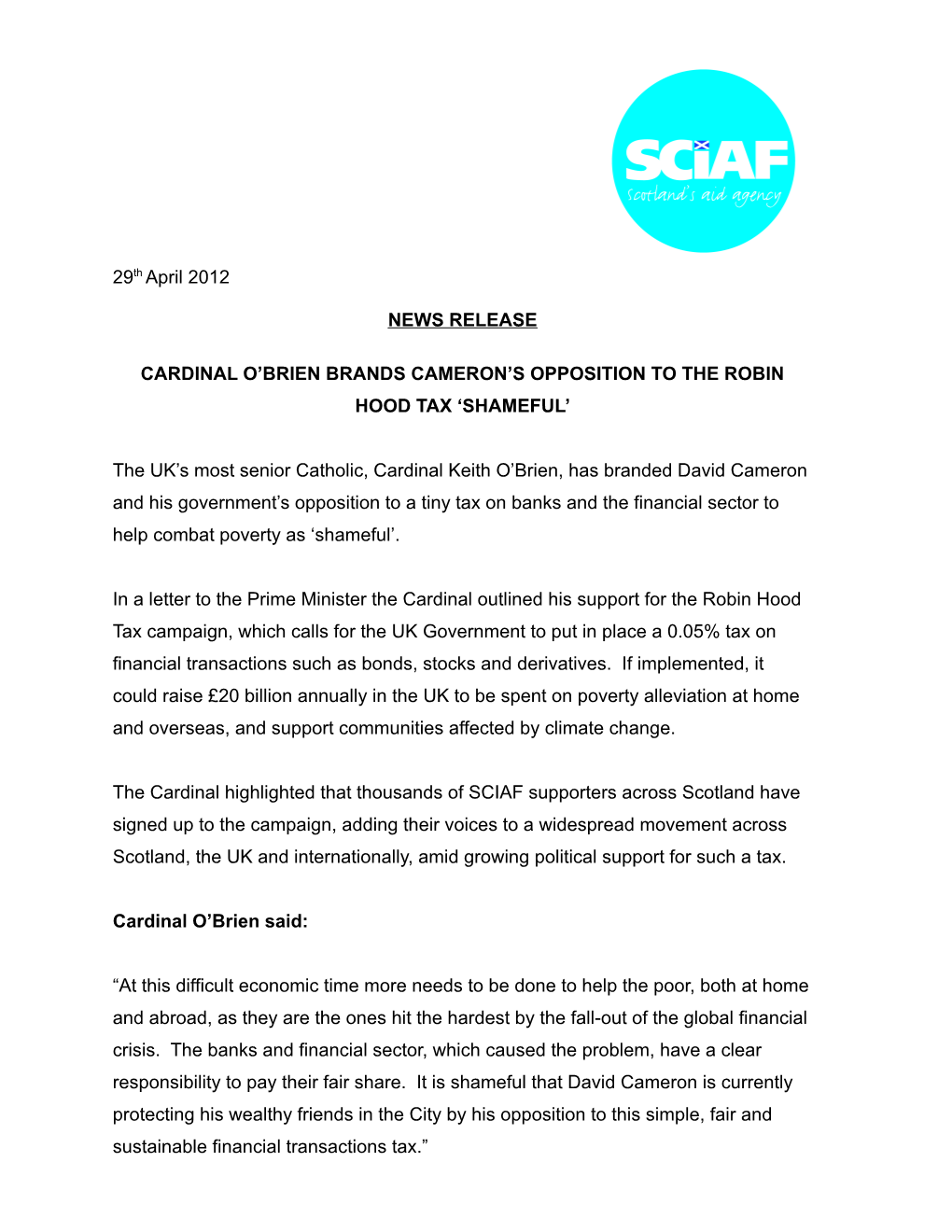 29Th April 2012 NEWS RELEASE CARDINAL O