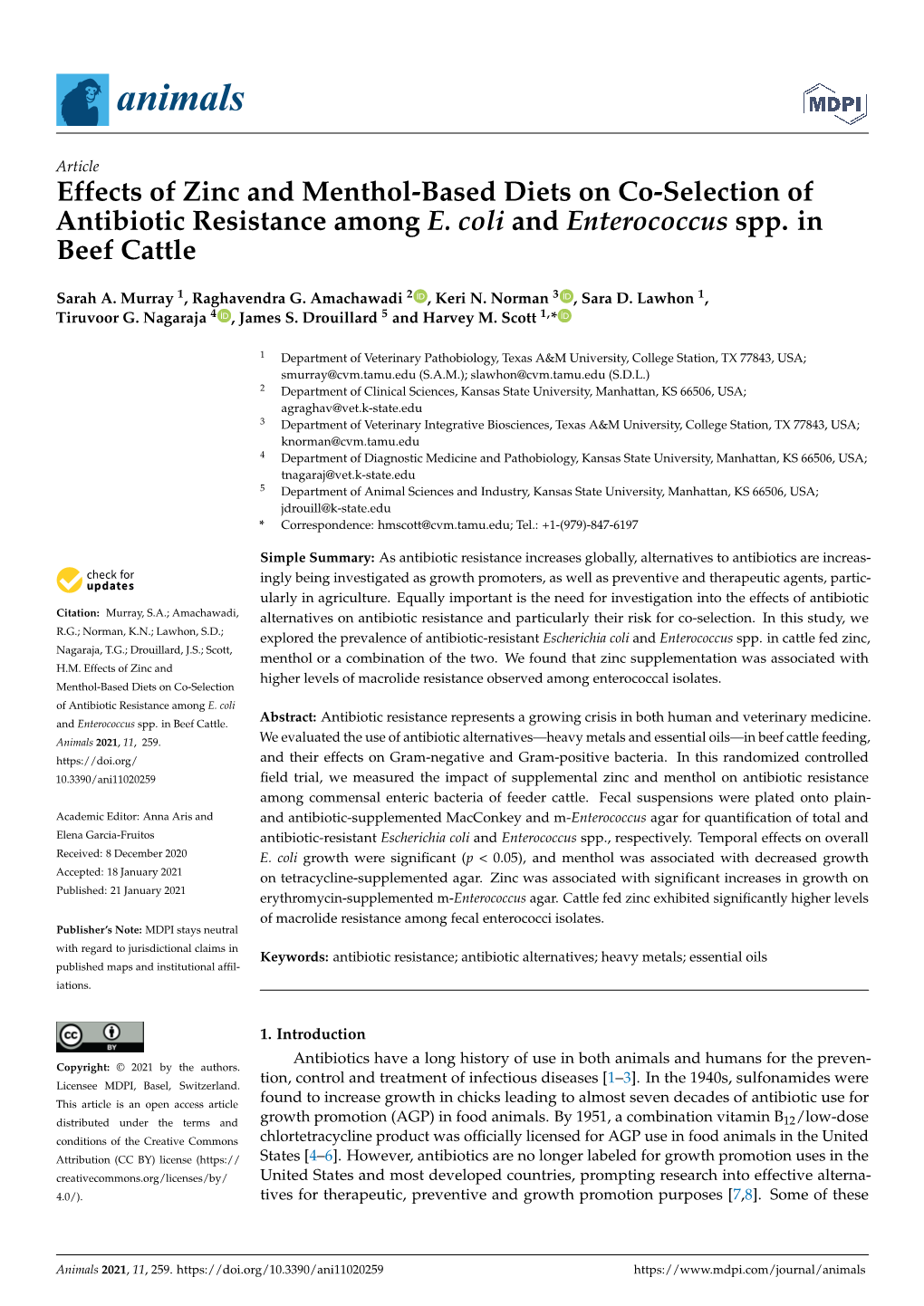 Effects of Zinc and Menthol-Based Diets on Co-Selection of Antibiotic Resistance Among E