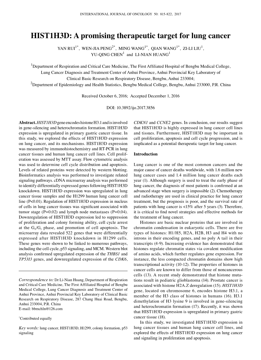 HIST1H3D: a Promising Therapeutic Target for Lung Cancer