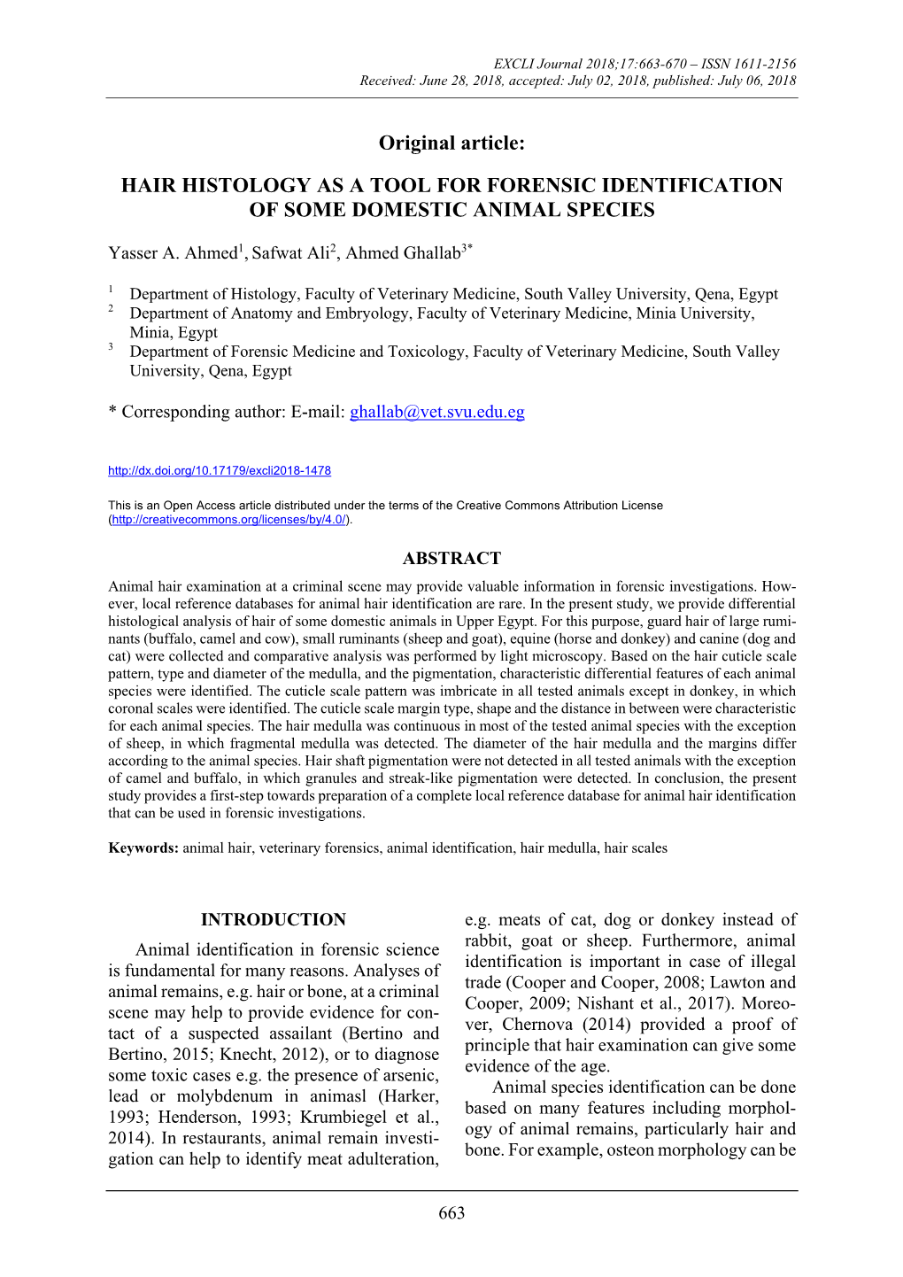 Hair Histology As a Tool for Forensic Identification of Some Domestic Animal Species