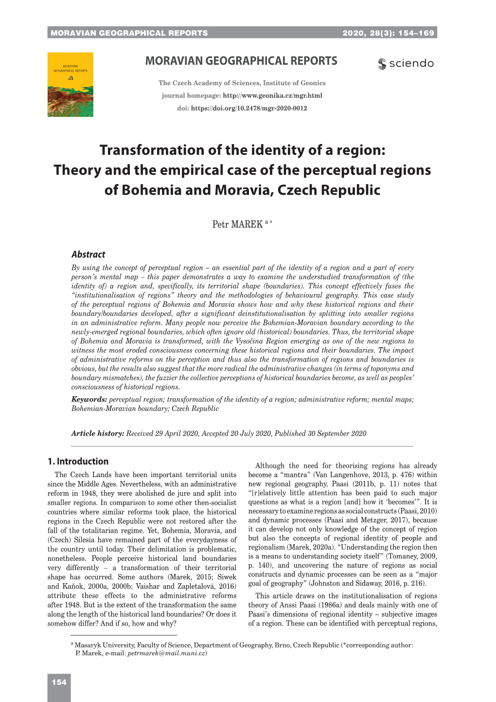 Transformation of the Identity of a Region: Theory and the Empirical Case of the Perceptual Regions of Bohemia and Moravia, Czech Republic