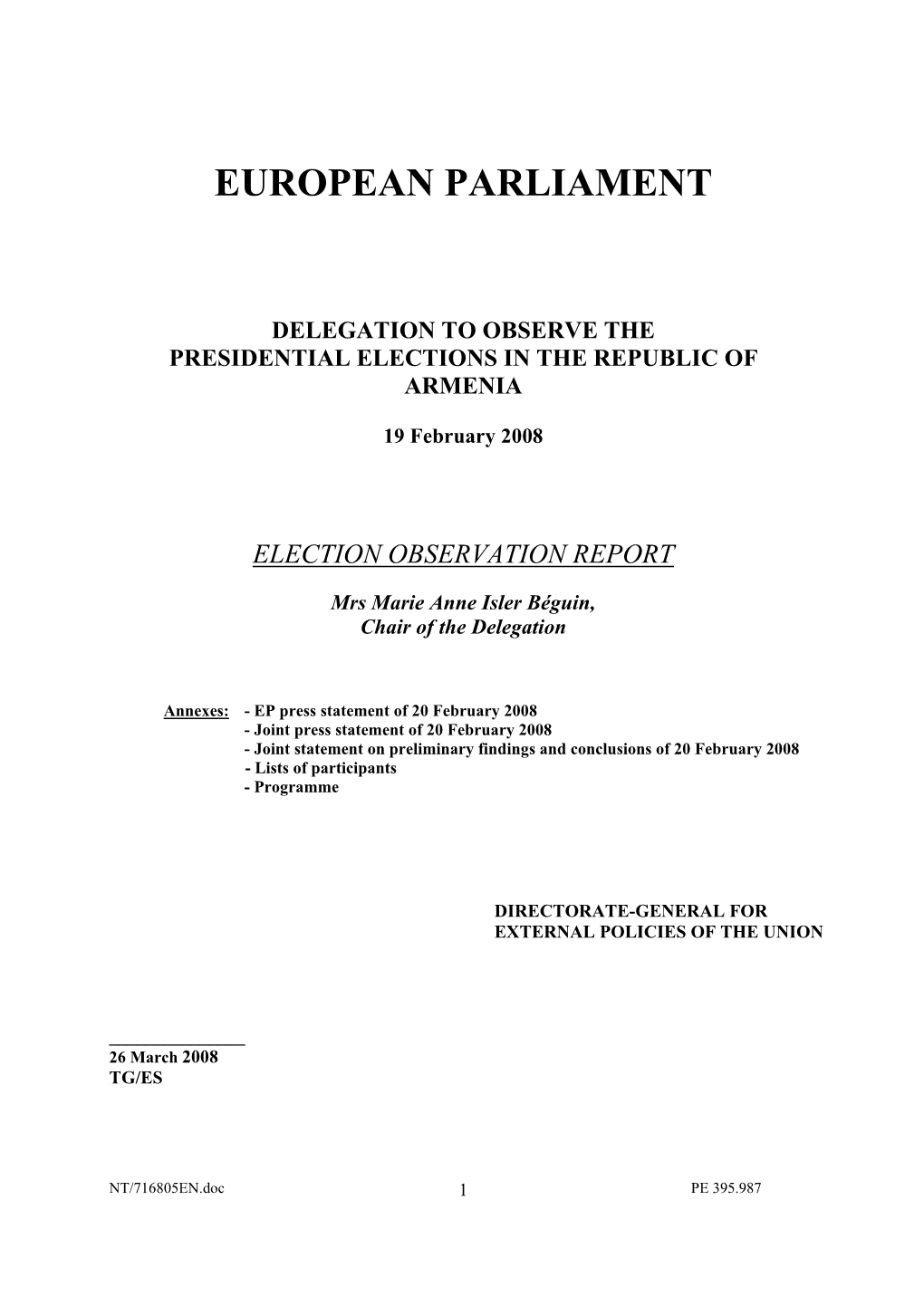 Armenia Presidential Elections, 19 February 2008