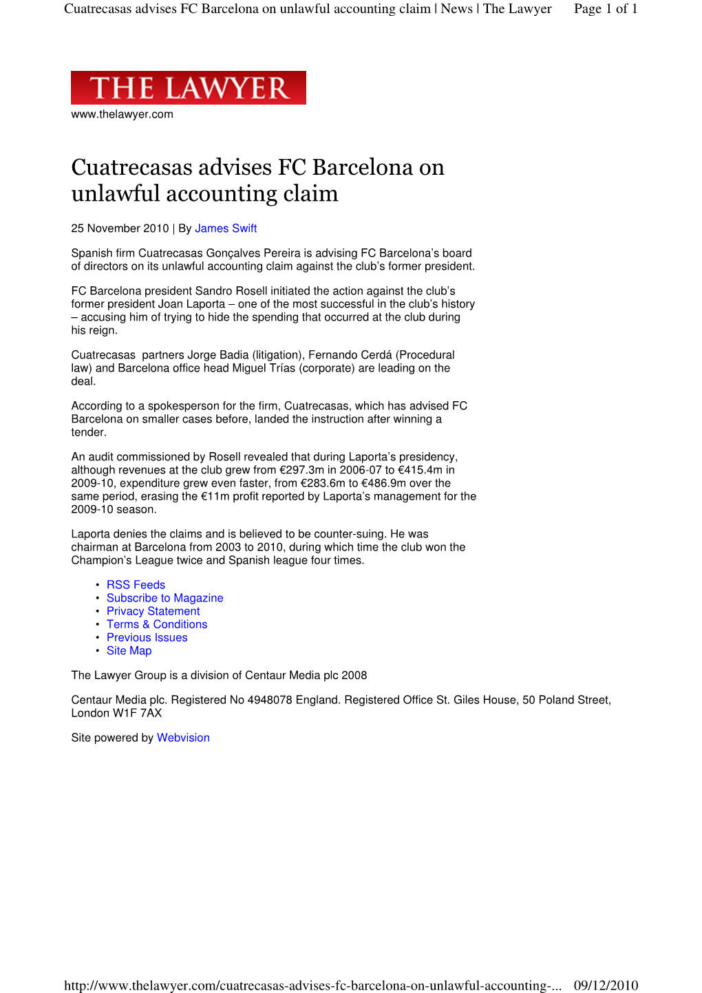 Cuatrecasas Advises FC Barcelona on Unlawful Accounting Claim | News | the Lawyer Page 1 of 1