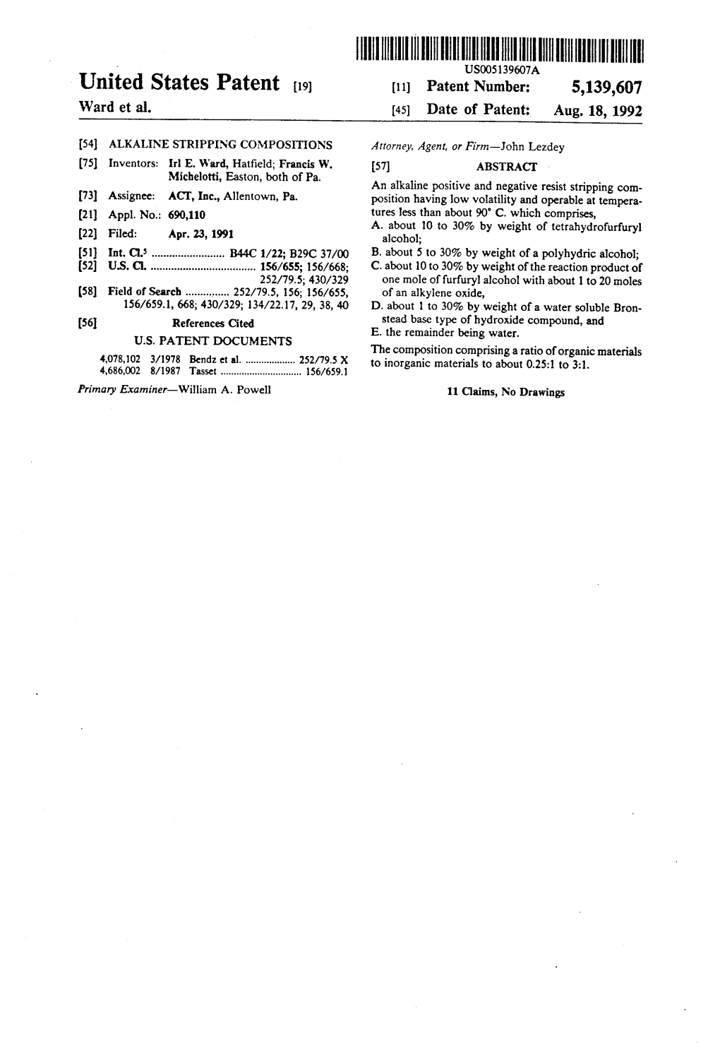 ||||||IIIHHHHHIIIIUSOO539607A United States Patent (19) (11) Patent Number: 5,139,607 Ward Et Al