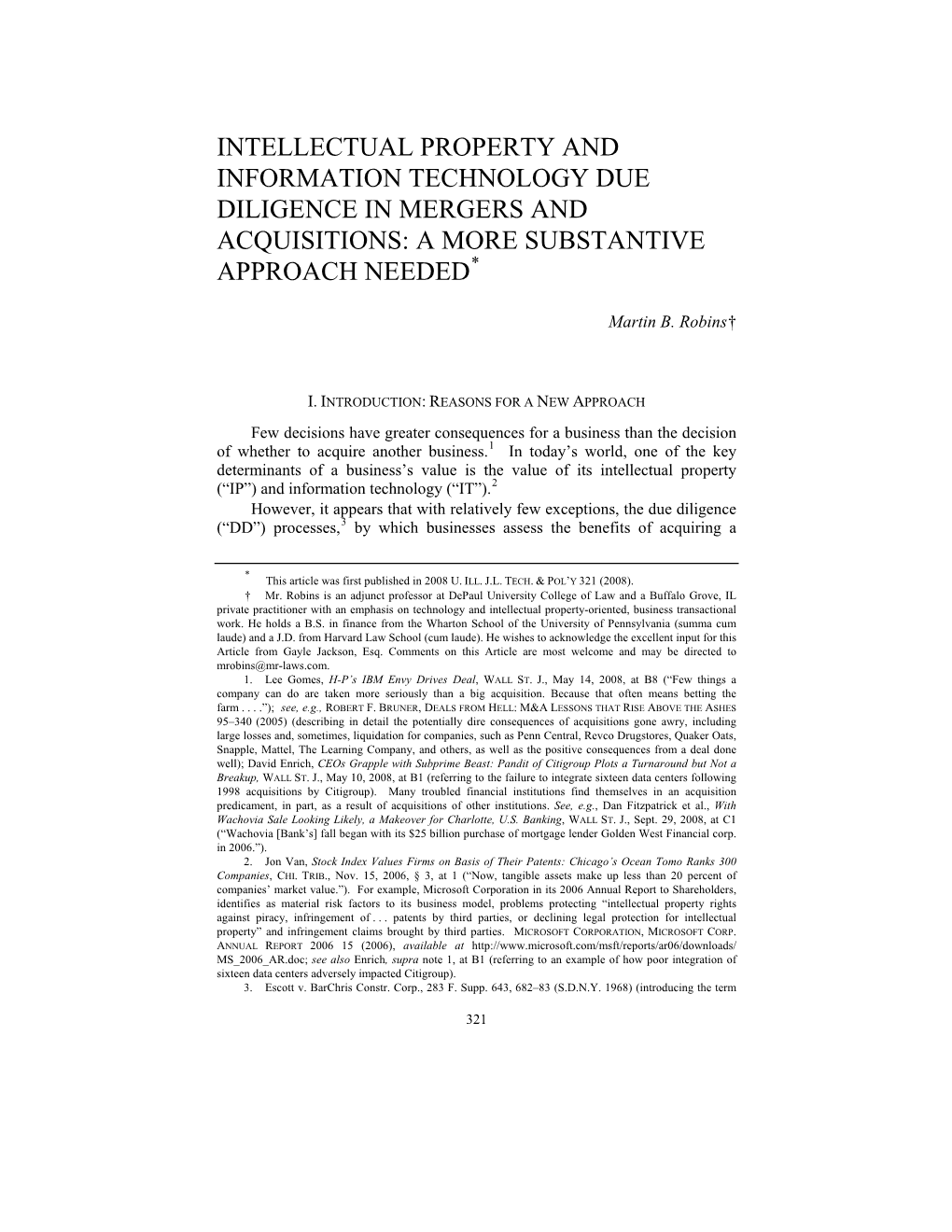 Intellectual Property and Information Technology Due Diligence in Mergers and Acquisitions: a More Substantive Approach Needed*