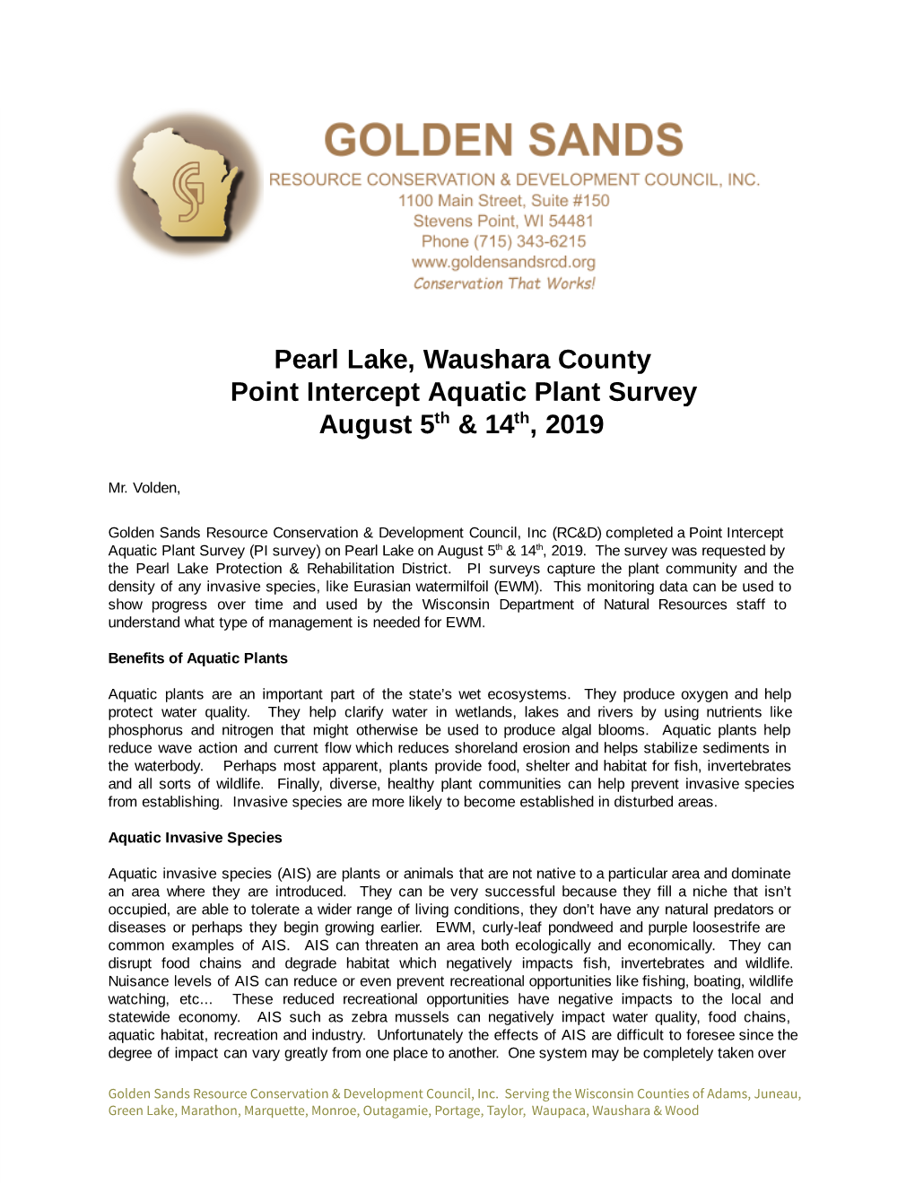 Pearl Lake, Waushara County Point Intercept Aquatic Plant Survey August 5 Th & 14 Th, 2019