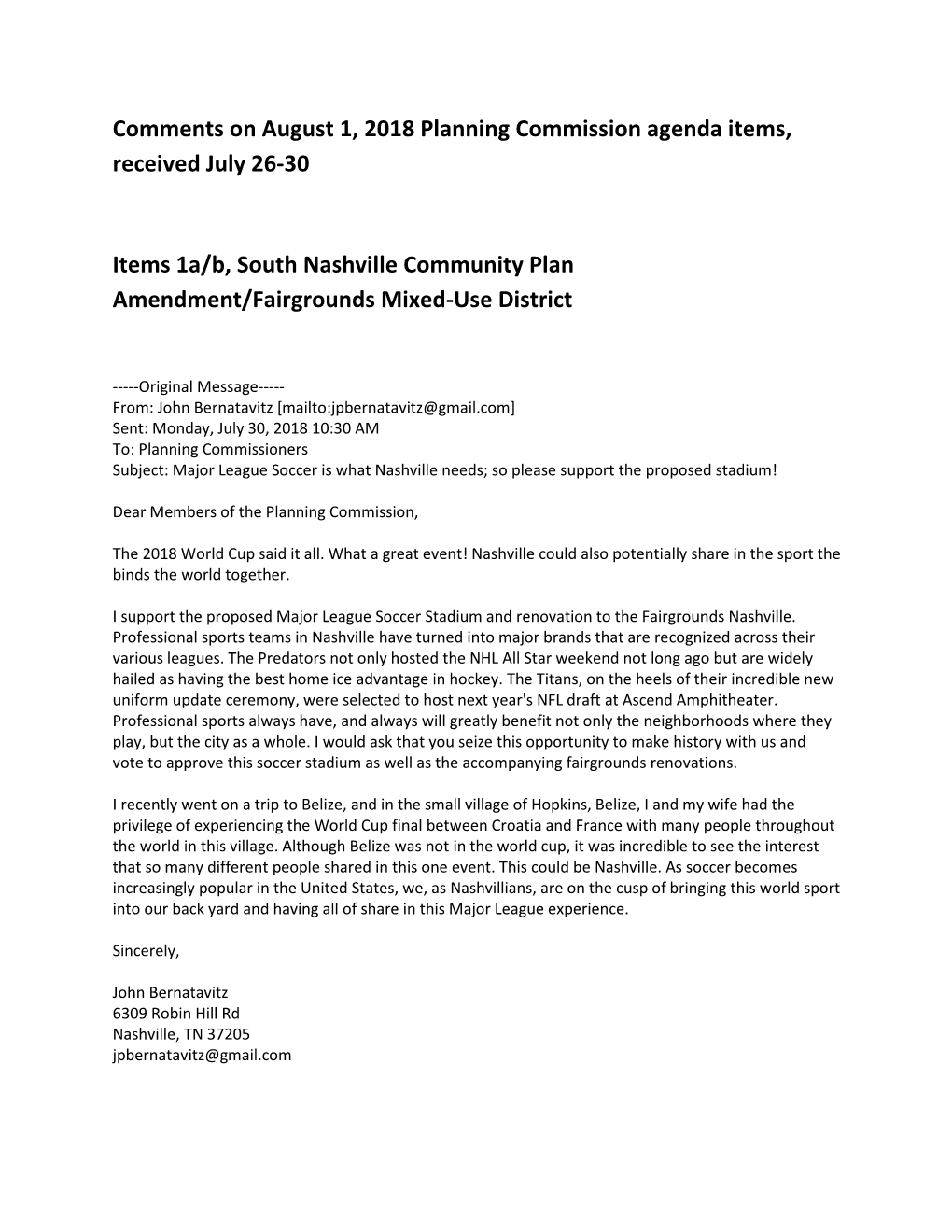 Comments on August 1, 2018 Planning Commission Agenda Items, Received July 26-30