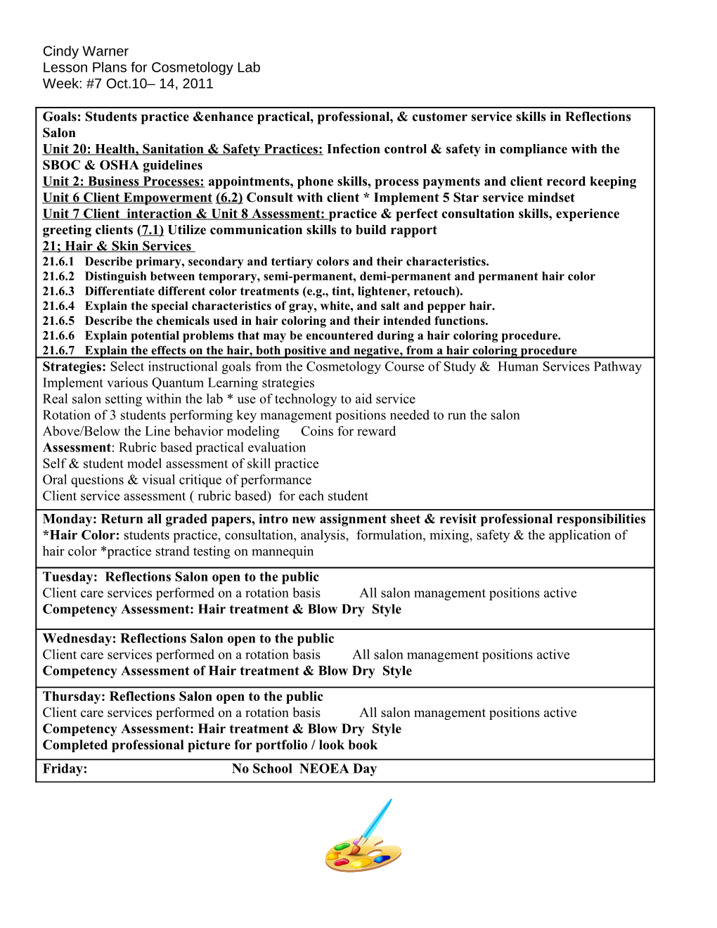 Lesson Plans for Cosmetology Lab s1