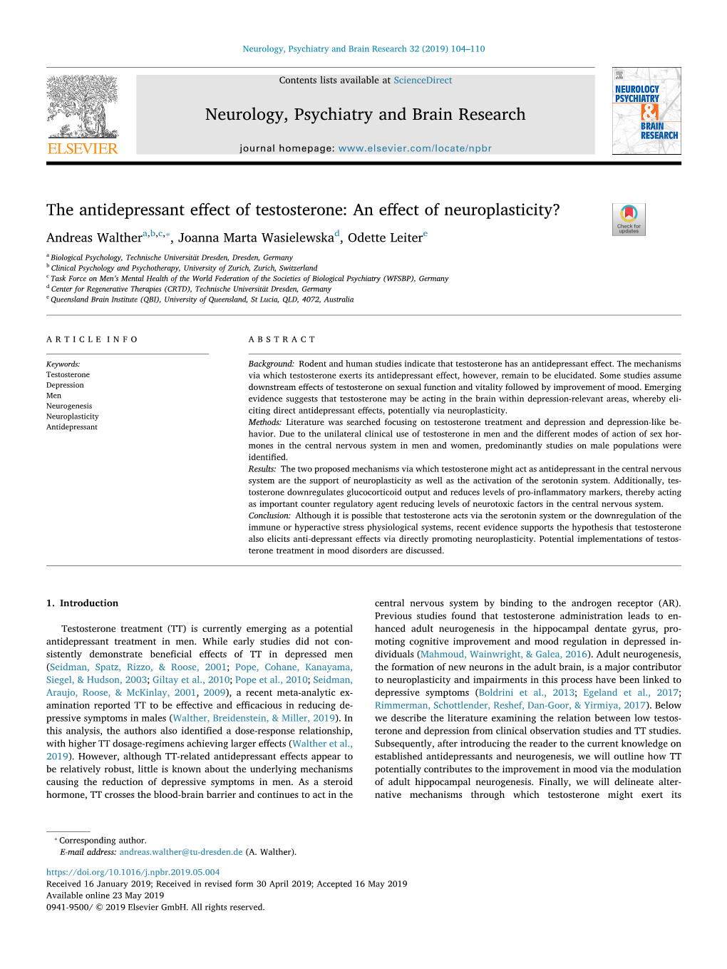 The Antidepressant Effect of Testosterone an Effect Of