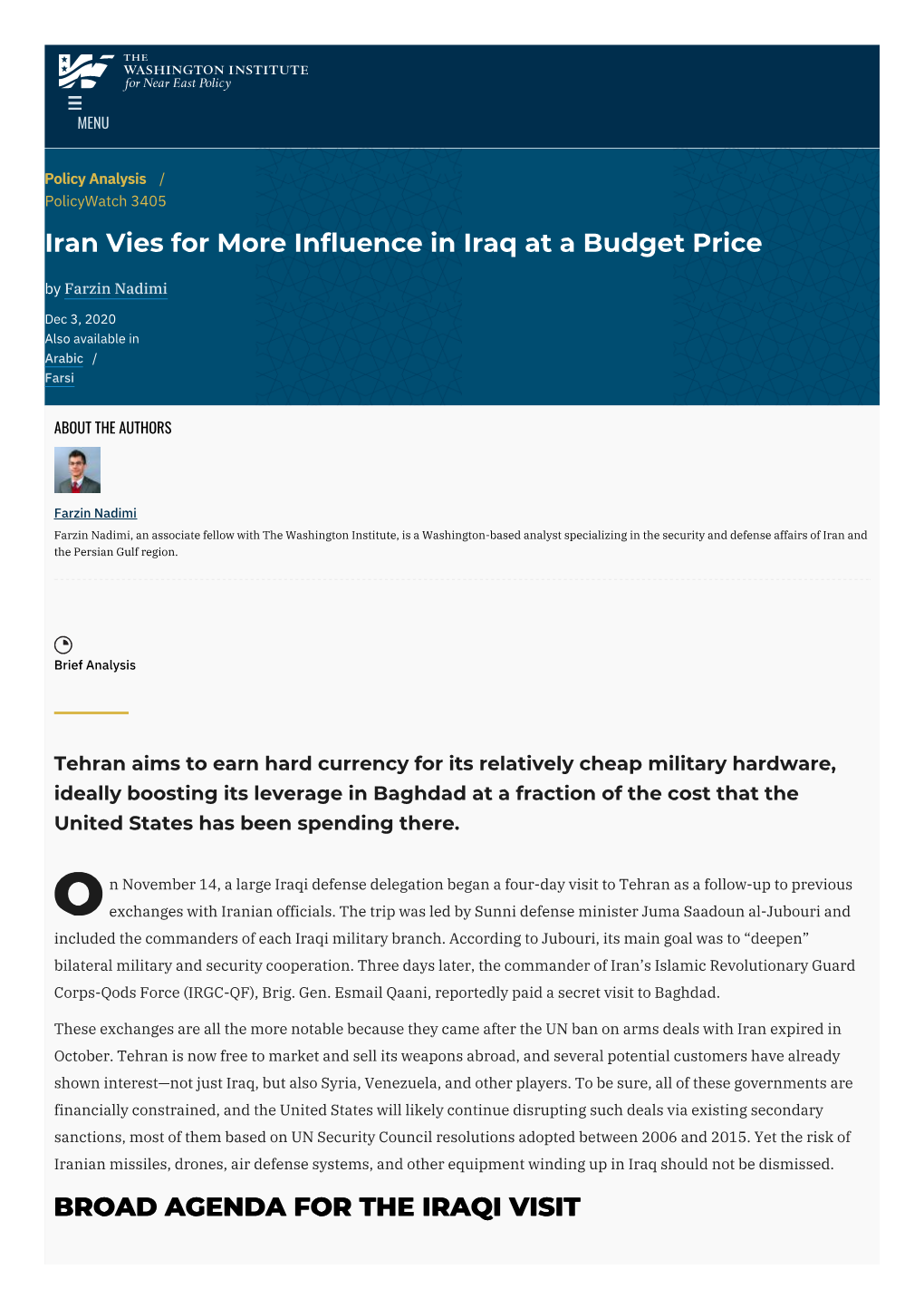 Iran Vies for More Influence in Iraq at a Budget Price by Farzin Nadimi