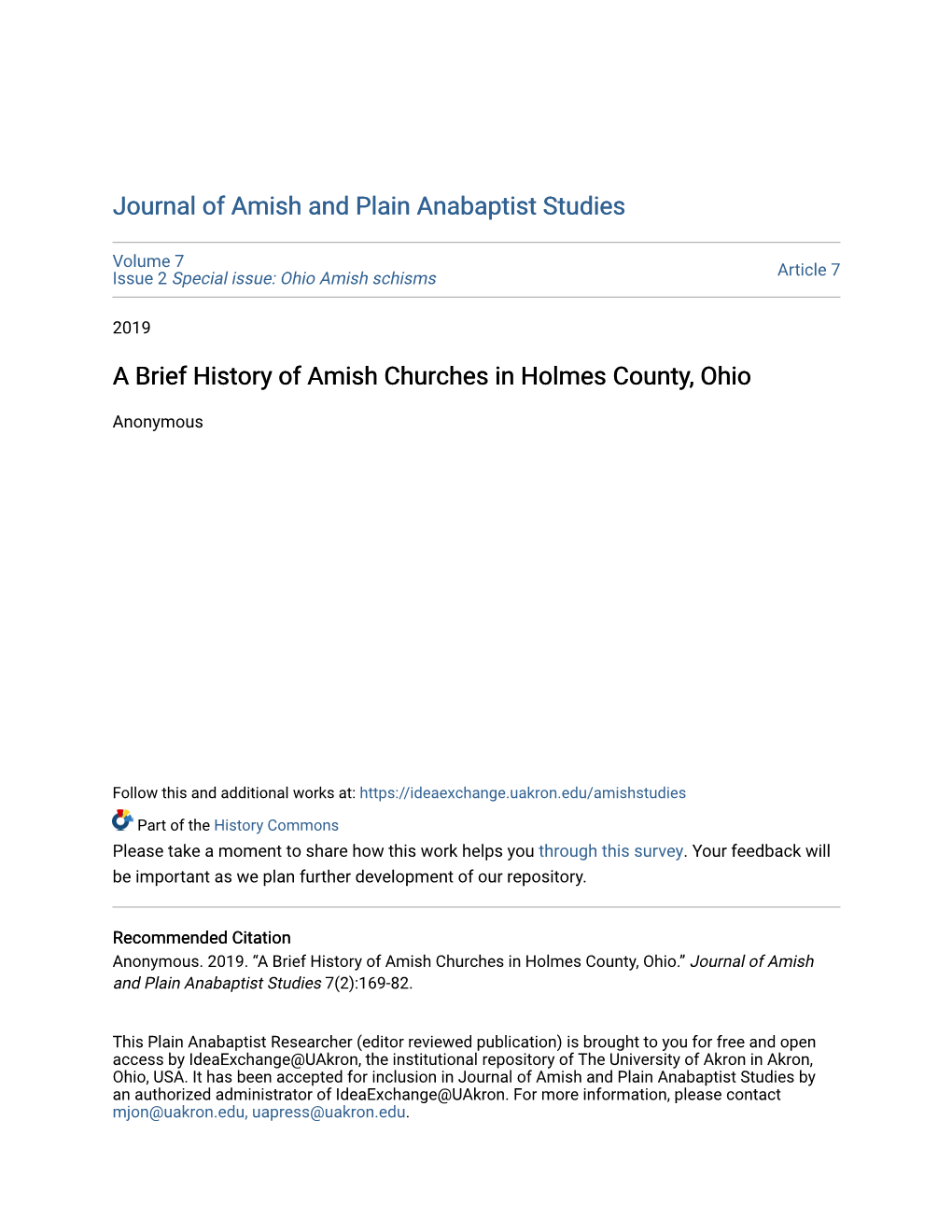 A Brief History of Amish Churches in Holmes County, Ohio