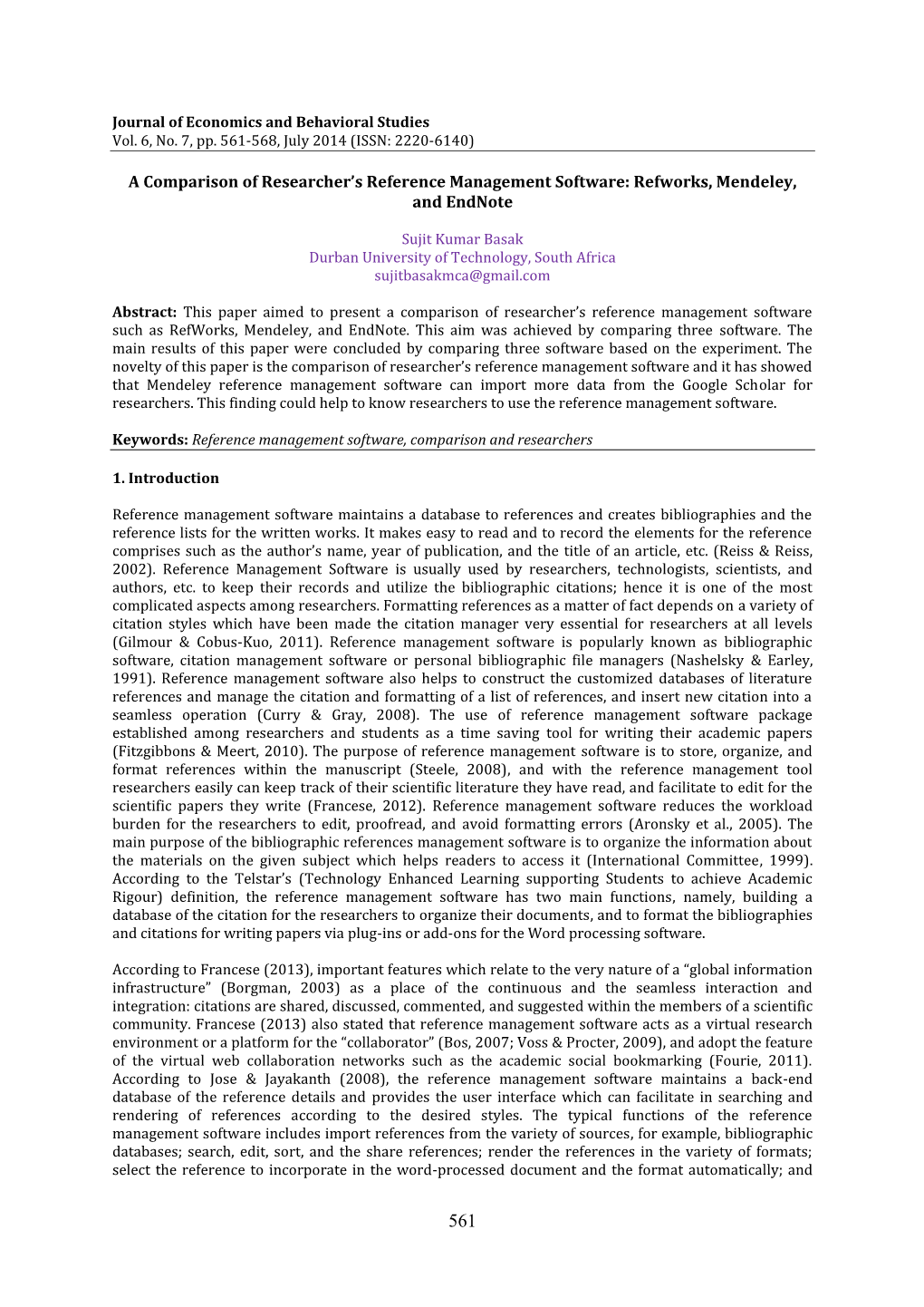 A Comparison of Researcher's Reference Management Software