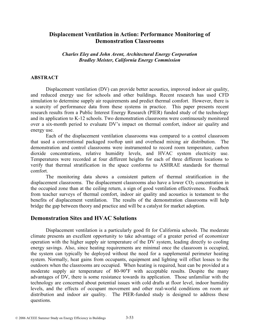 Displacement Ventilation in Action: Performance Monitoring of Demonstration Classrooms