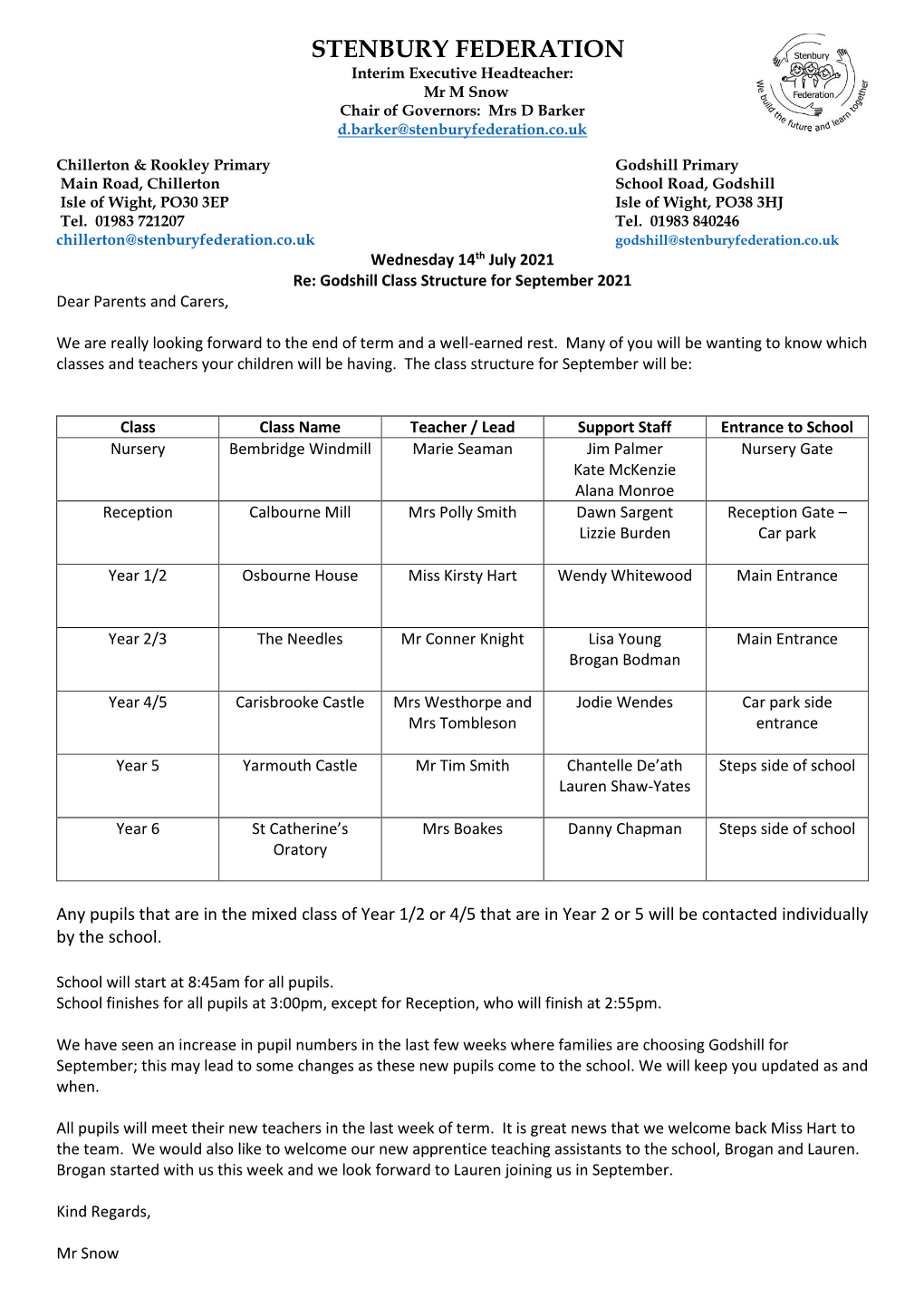 STENBURY FEDERATION Interim Executive Headteacher: Mr M Snow Chair of Governors: Mrs D Barker D.Barker@Stenburyfederation.Co.Uk
