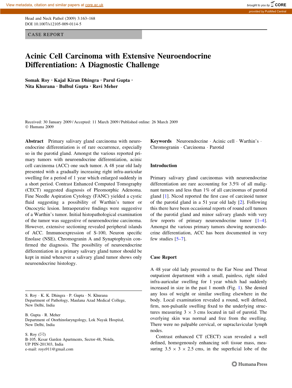 Acinic Cell Carcinoma with Extensive Neuroendocrine Differentiation: a Diagnostic Challenge