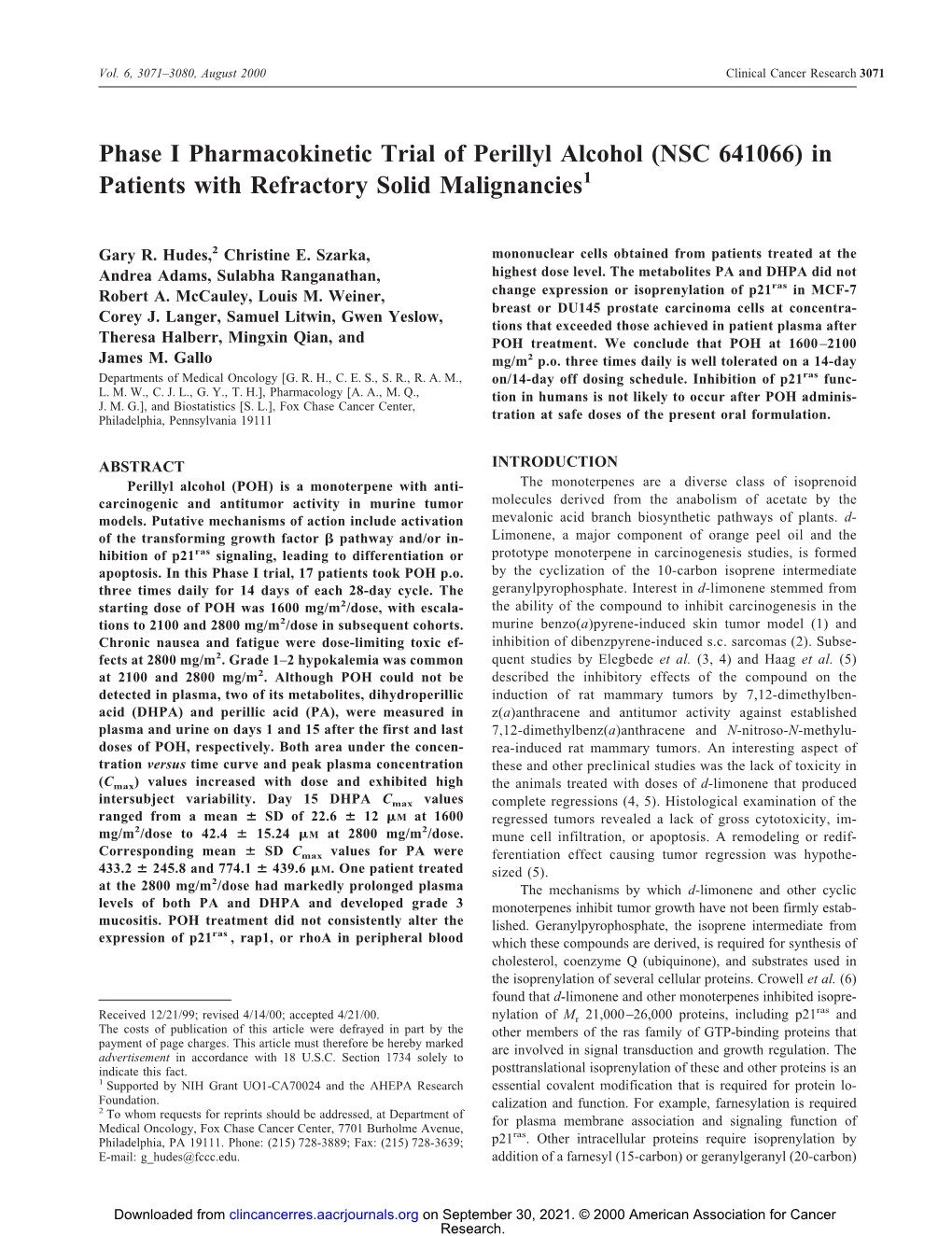 Phase I Pharmacokinetic Trial of Perillyl Alcohol (NSC 641066) in Patients with Refractory Solid Malignancies1