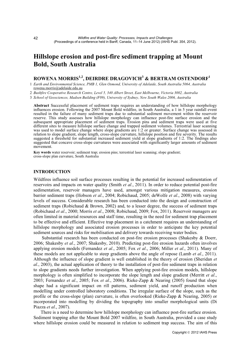 Hillslope Erosion and Post-Fire Sediment Trapping at Mount Bold, South Australia