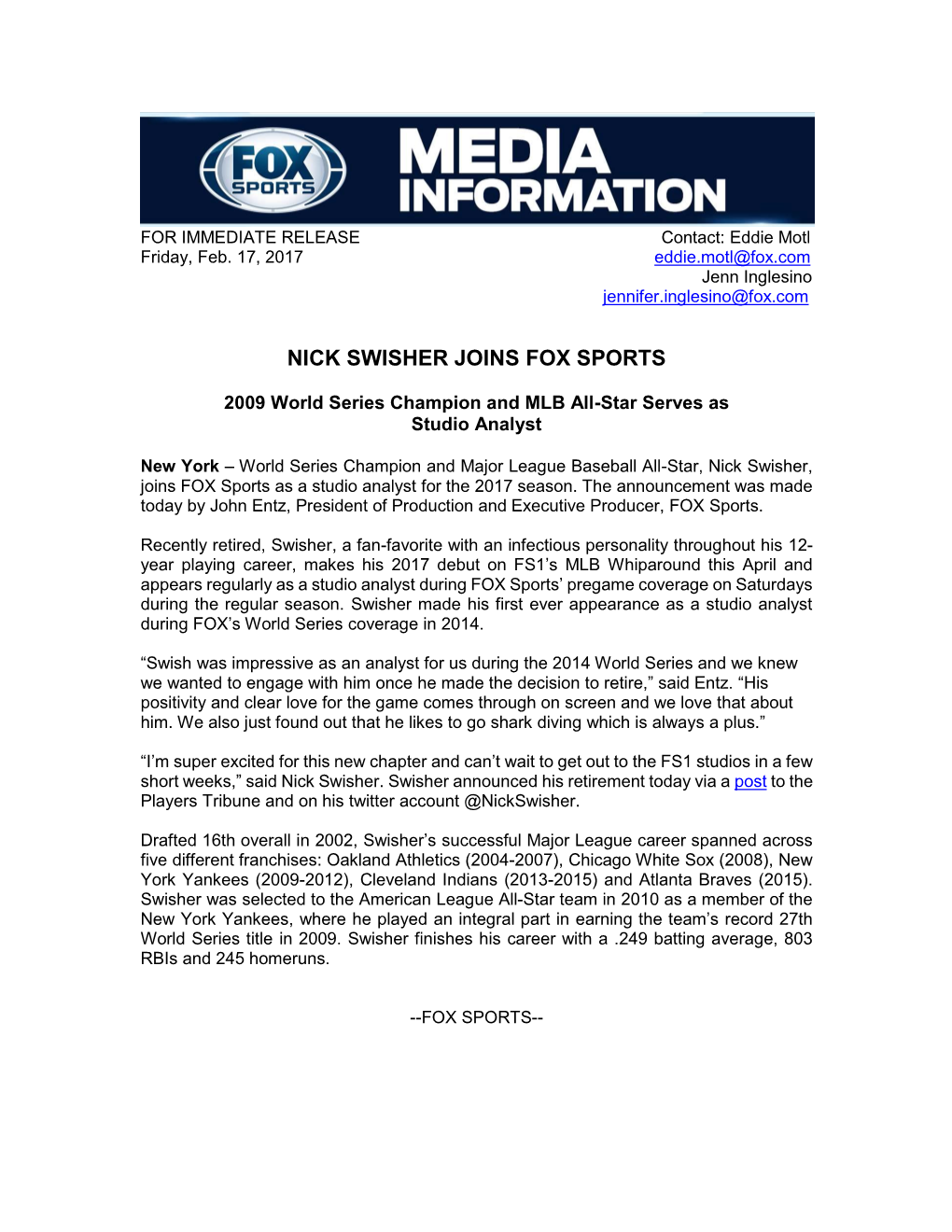 Nick Swisher Joins Fox Sports