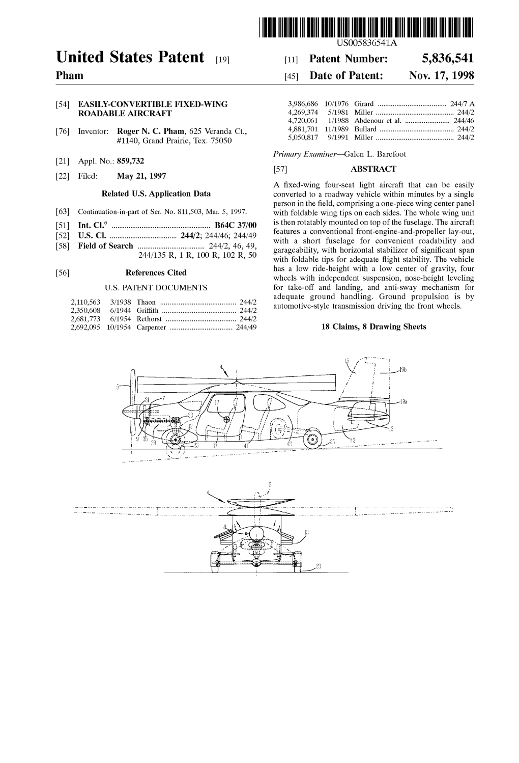 United States Patent (19) 11 Patent Number: 5,836,541 Pham (45) Date of Patent: Nov