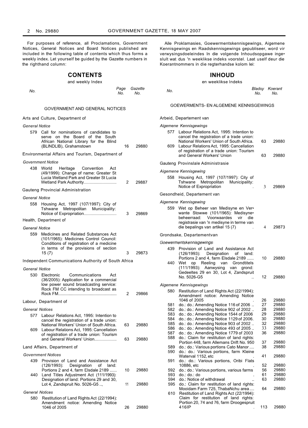 CONTENTS INHOUD and Weekly Index En Weeklikse Indeks Page Gazette Bladsy Koerant No