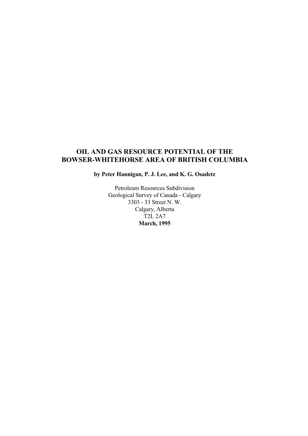 Oil and Gas Resource Potential of the Bowser-Whitehorse Area of British Columbia