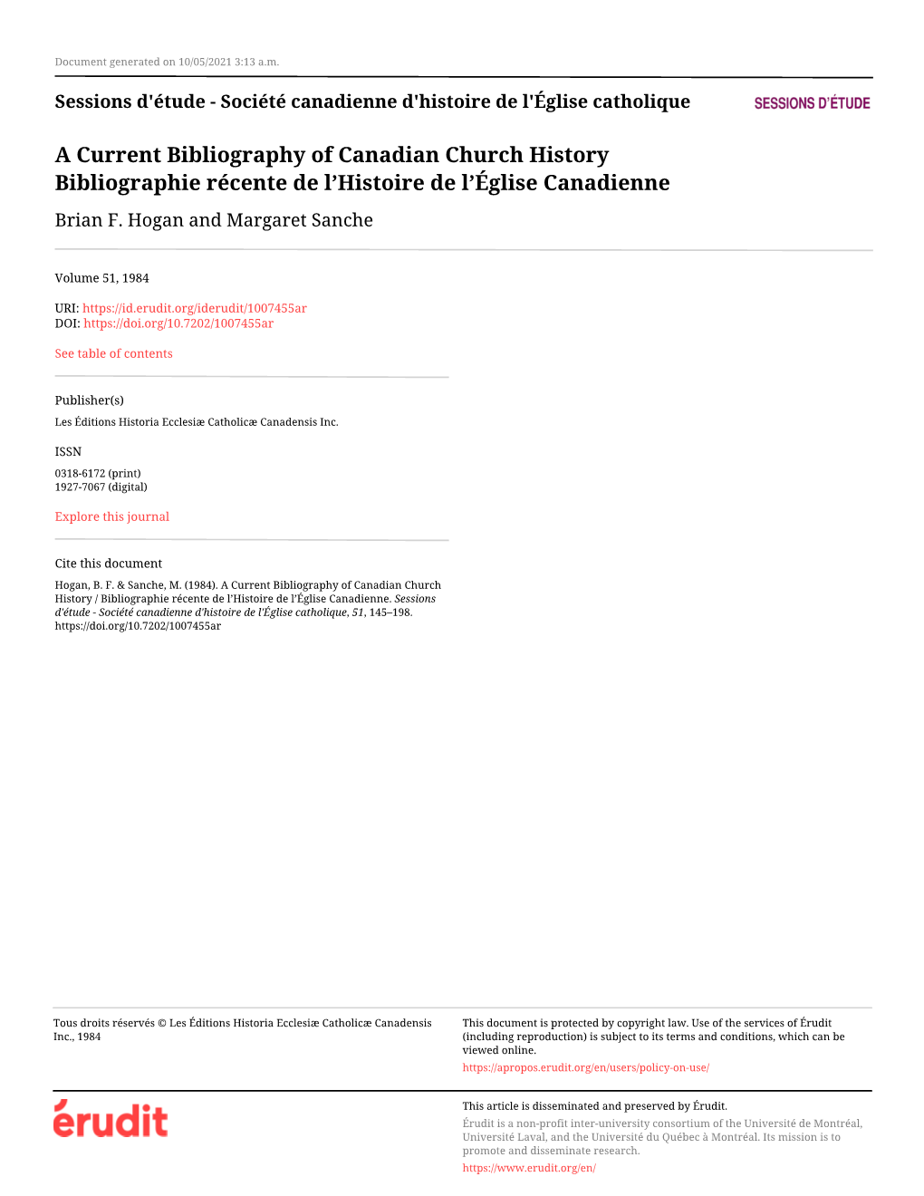 A Current Bibliography of Canadian Church History Bibliographie Récente De L’Histoire De L’Église Canadienne Brian F