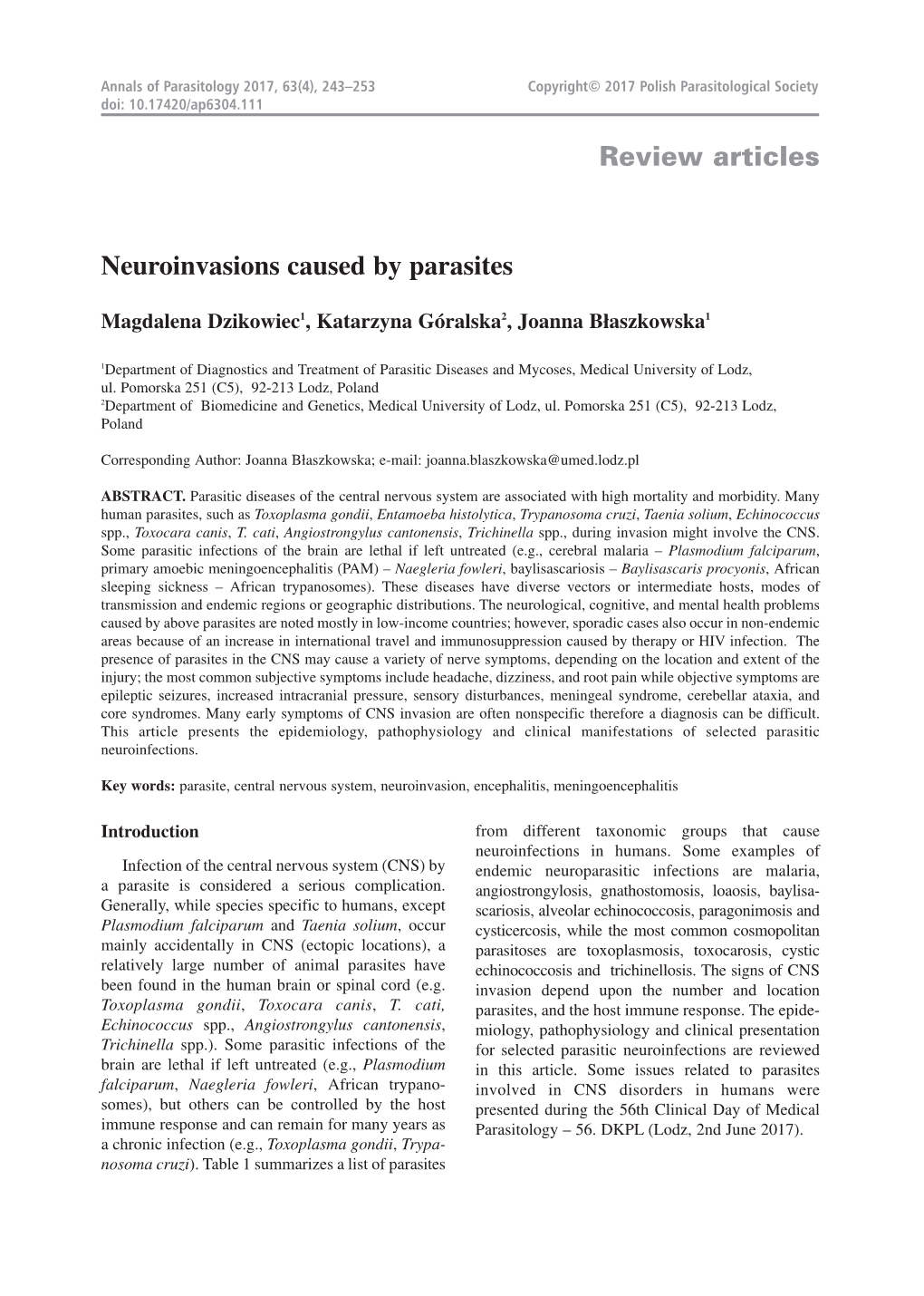 Review Articles Neuroinvasions Caused by Parasites