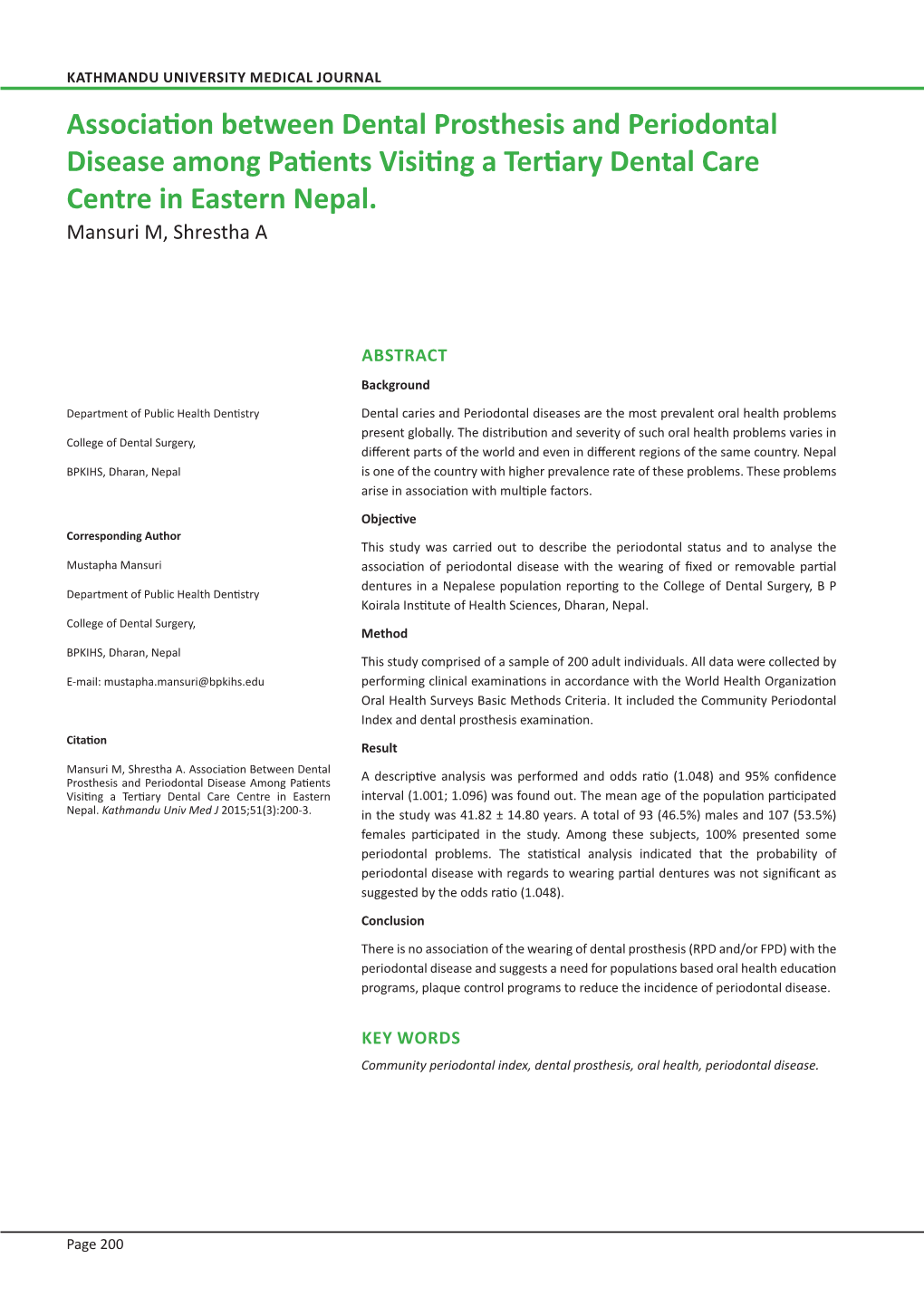 Association Between Dental Prosthesis and Periodontal Disease Among Patients Visiting a Tertiary Dental Care Centre in Eastern Nepal