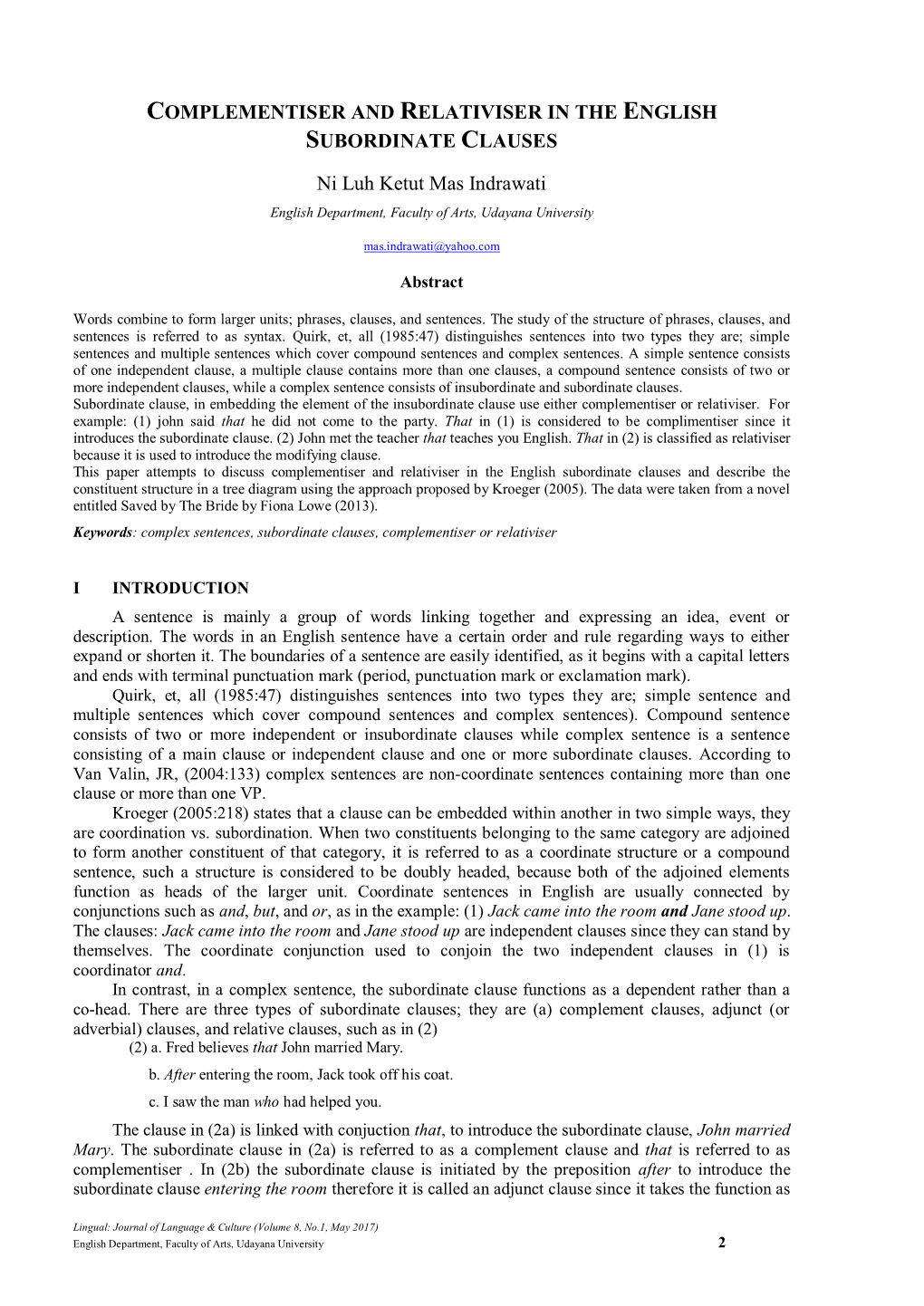 Complementiser and Relativiser in the English Subordinate Clauses