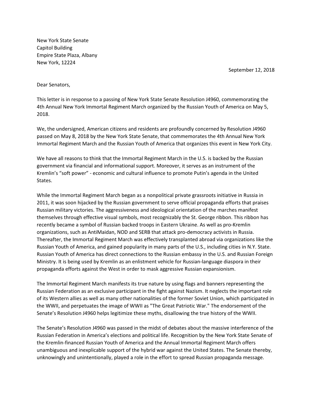 Open Letter to New York State Senators