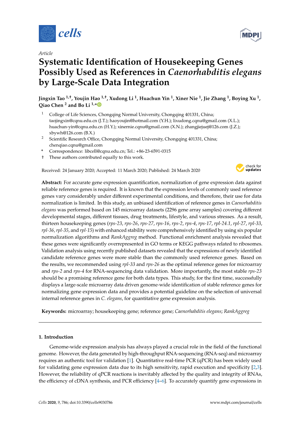 Systematic Identification of Housekeeping Genes Possibly Used As References in Caenorhabditis Elegans by Large-Scale Data Integration