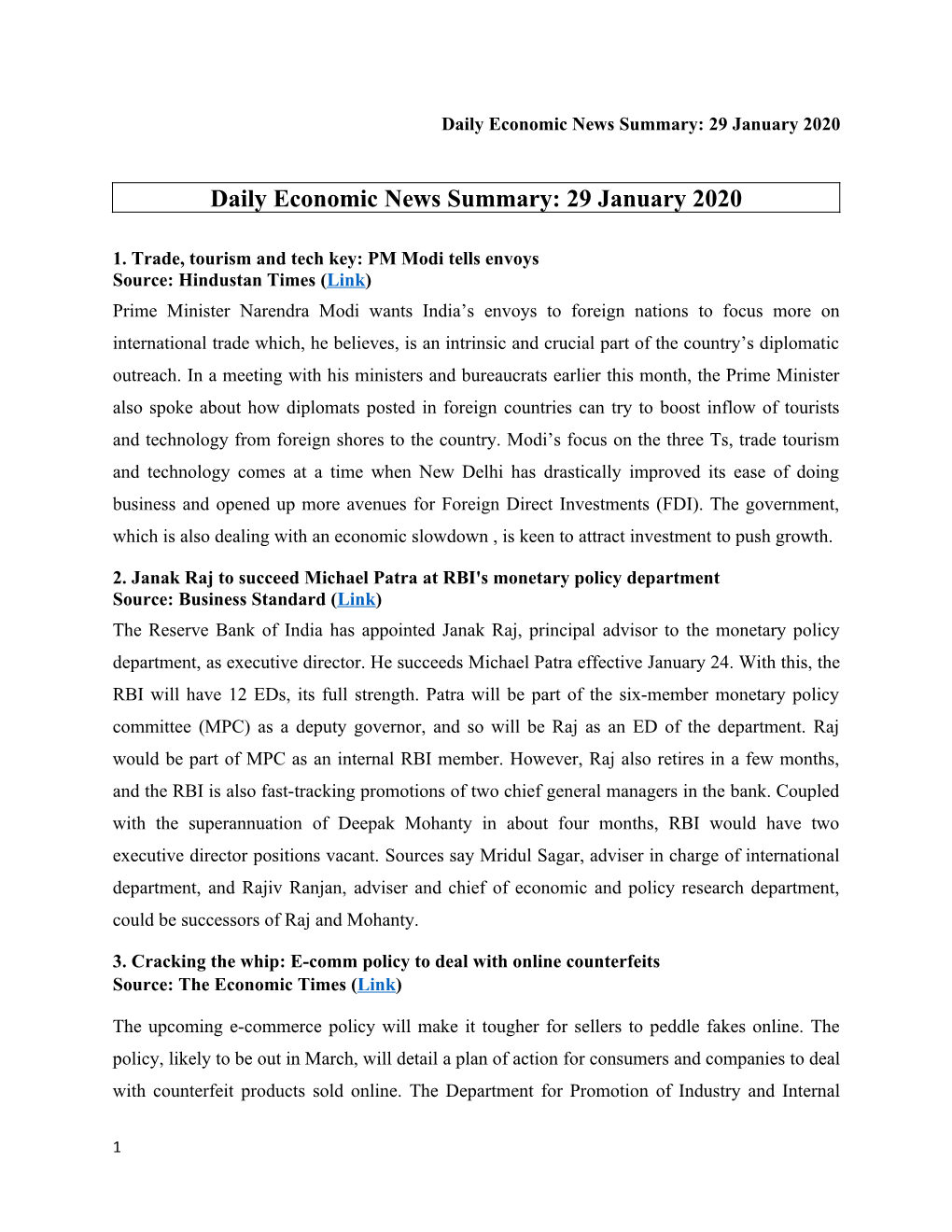 Daily Economic News Summary: 29 January 2020