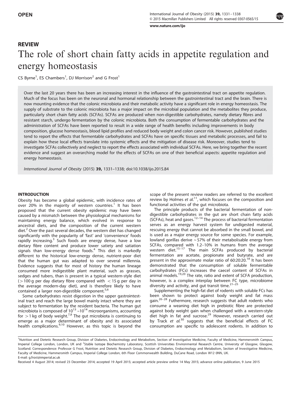 The Role of Short Chain Fatty Acids in Appetite Regulation and Energy Homeostasis