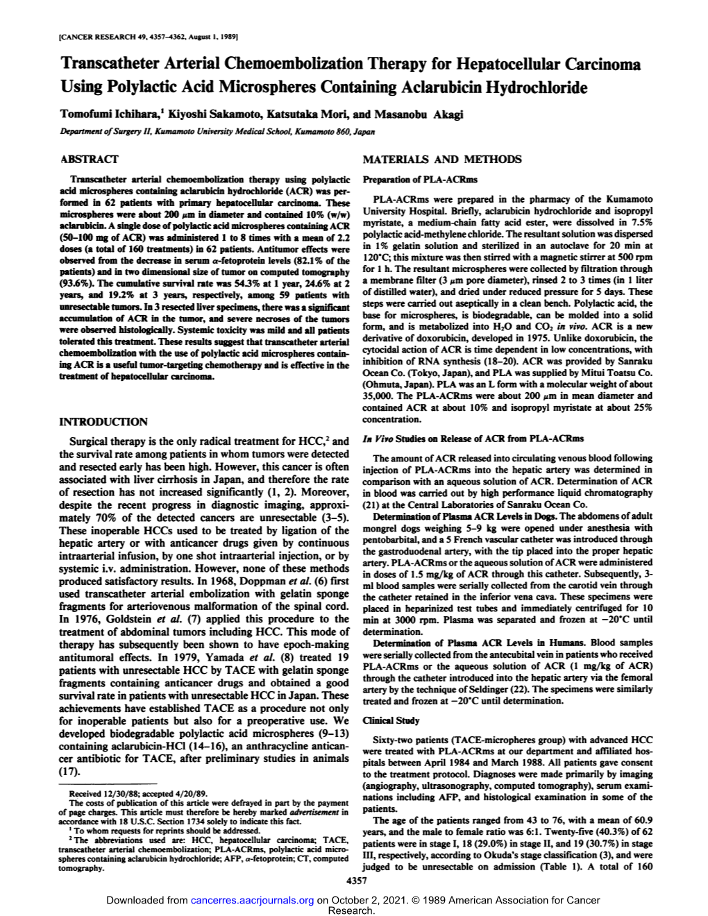 Transcatheter Arterial Chemoembolization Therapy for Hepatocellular Carcinoma Using Polylactic Acid Microspheres Containing Acla