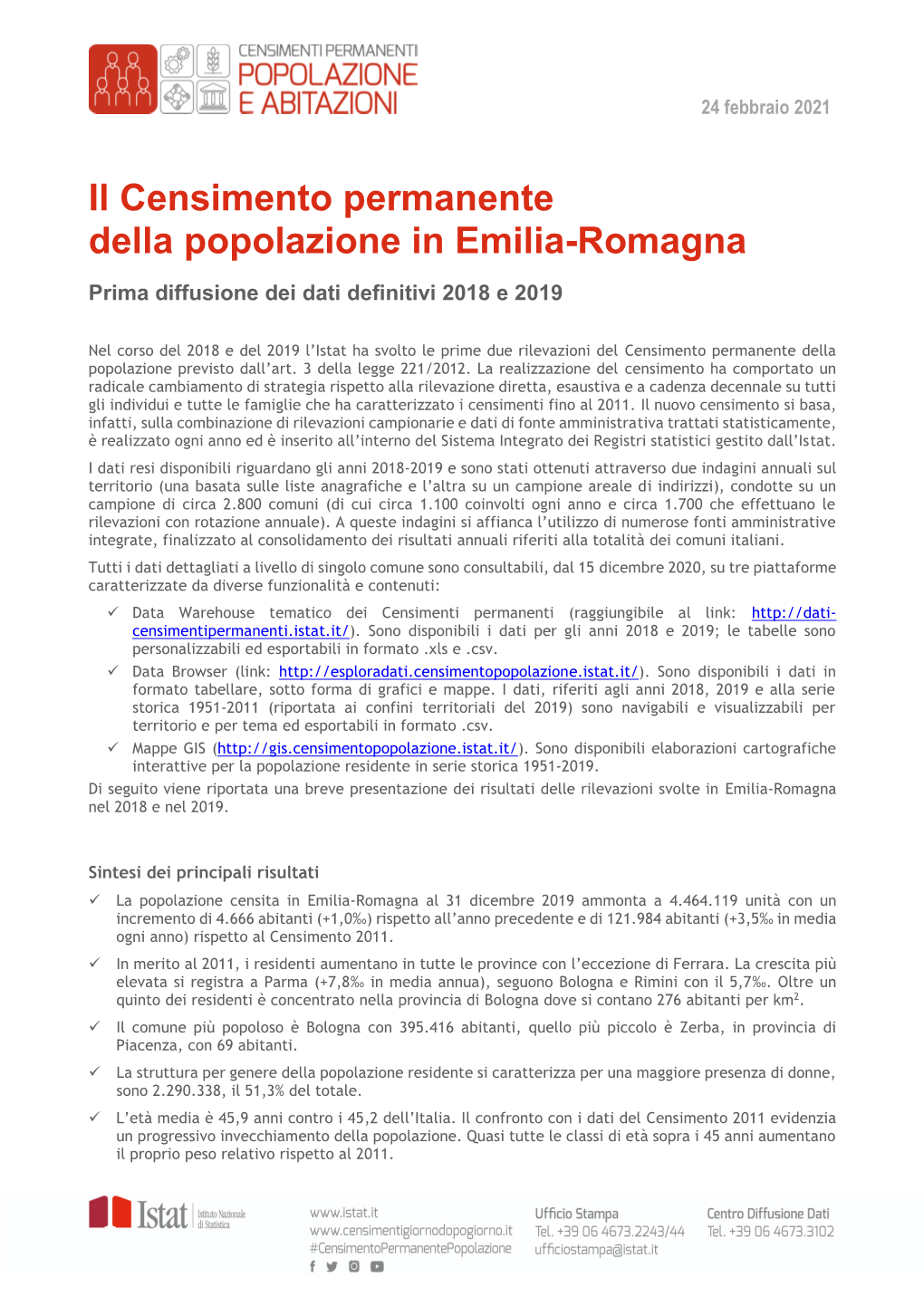 Il Censimento Permanente Della Popolazione in Emilia-Romagna