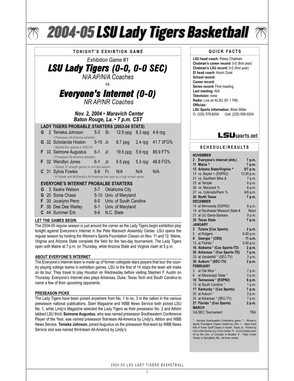 LSU Lady Tigers (0-0, 0-0 SEC) EI Head Coach: Kevin Cook N/A AP/N/A Coaches School Record: Vs