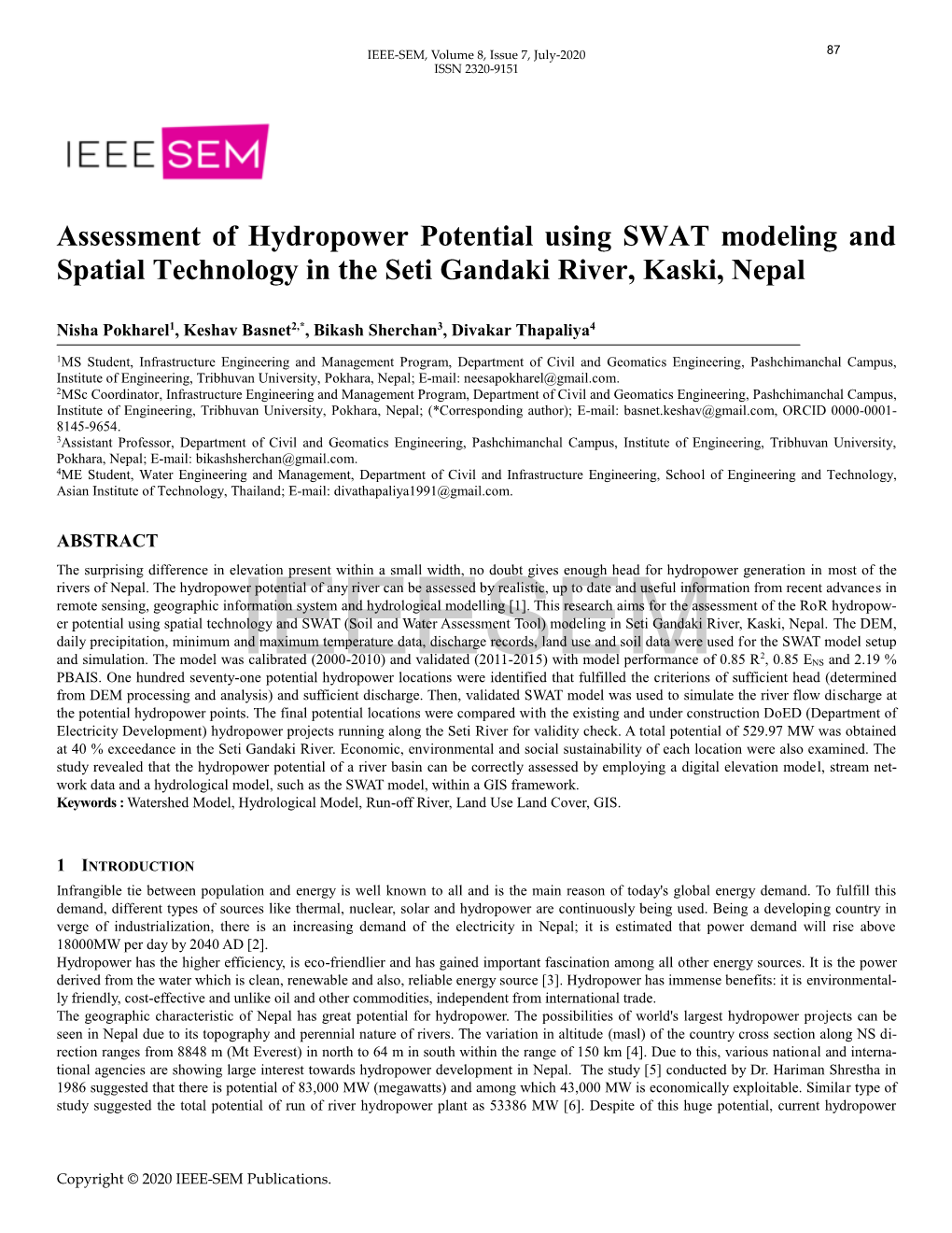 Assessment of Hydropower Potential Using SWAT Modeling and Spatial Technology in the Seti Gandaki River, Kaski, Nepal