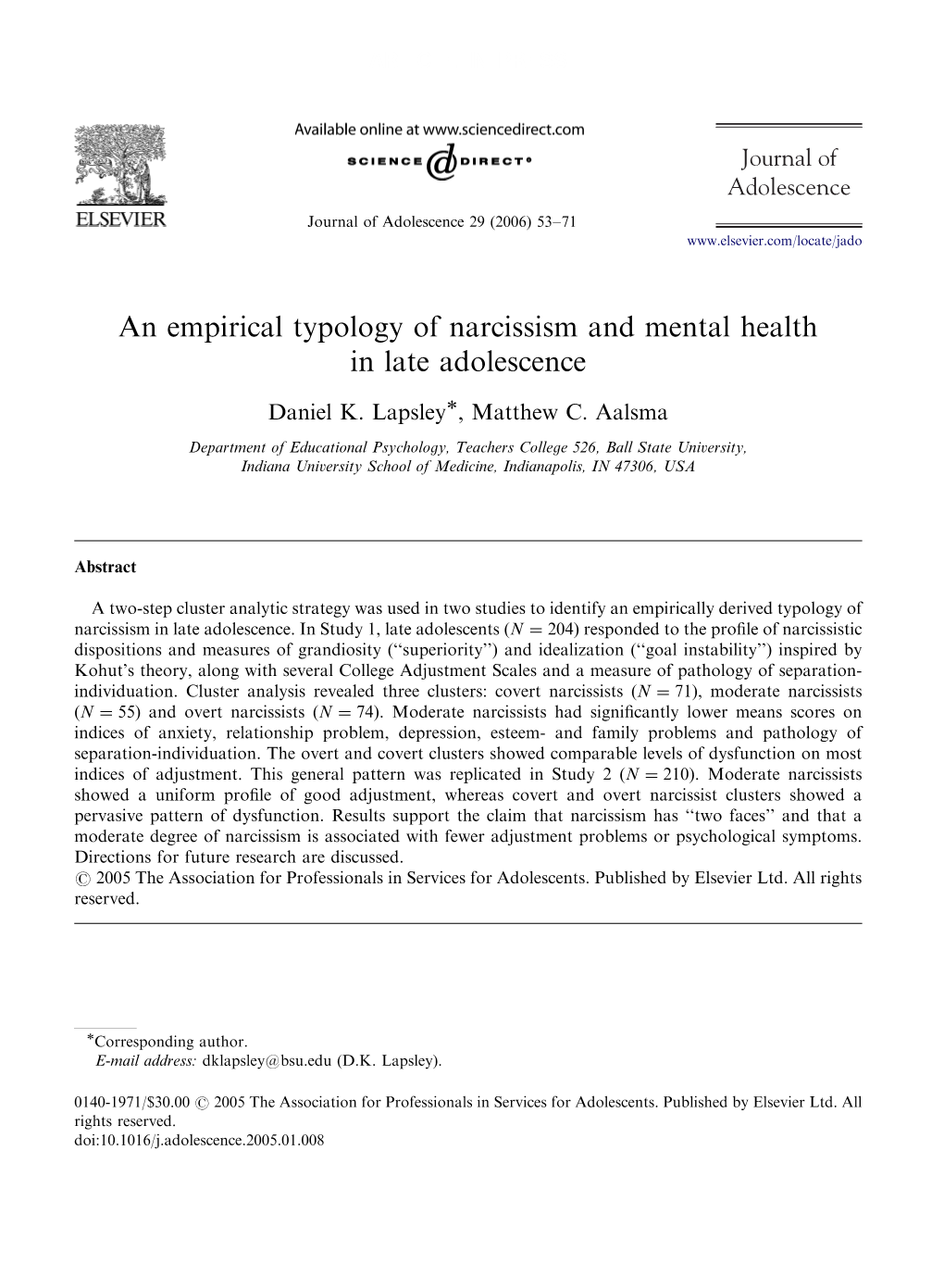 An Empirical Typology of Narcissism and Mental Health in Late Adolescence
