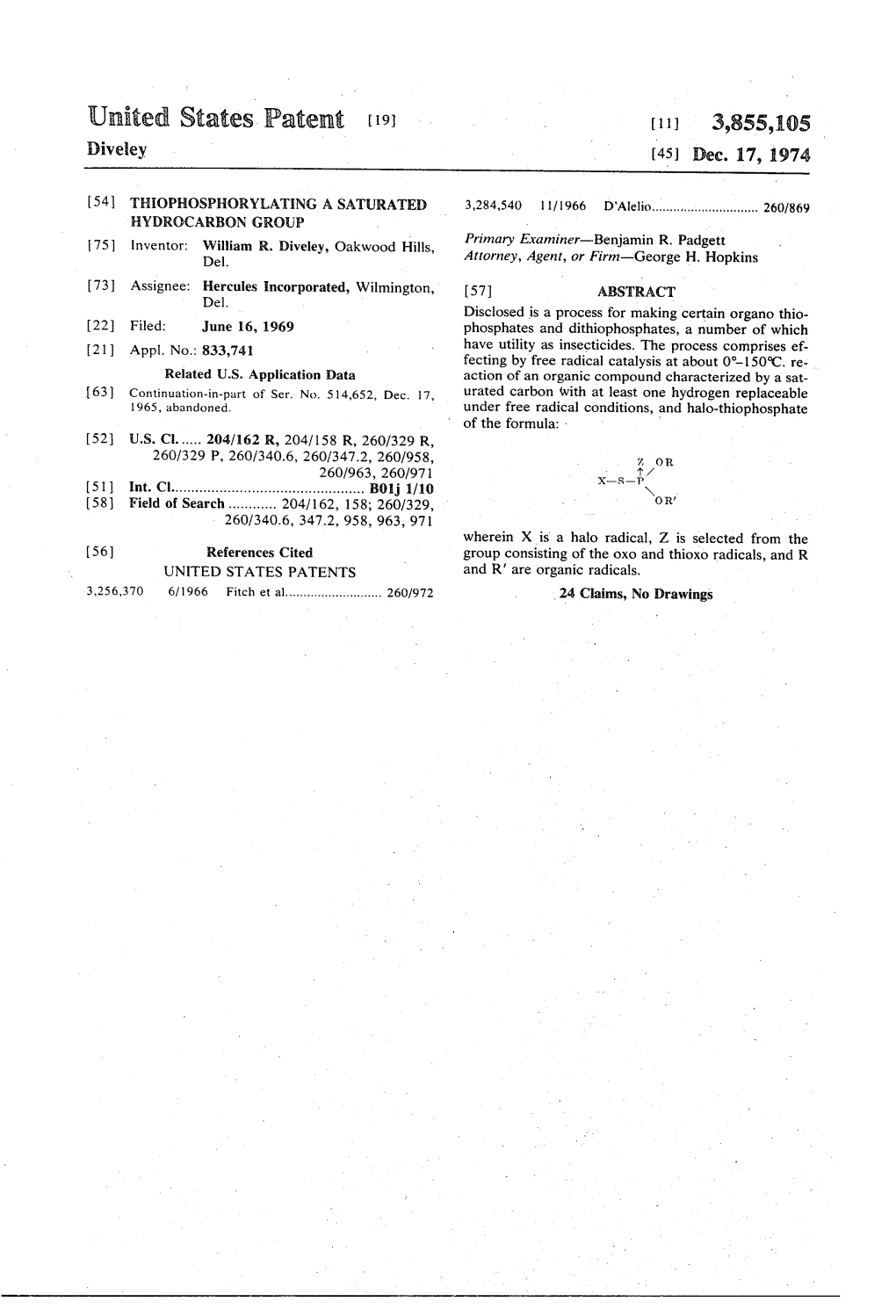 United States Patent (19) (11) 3,855,105 Diveley (45) Dec