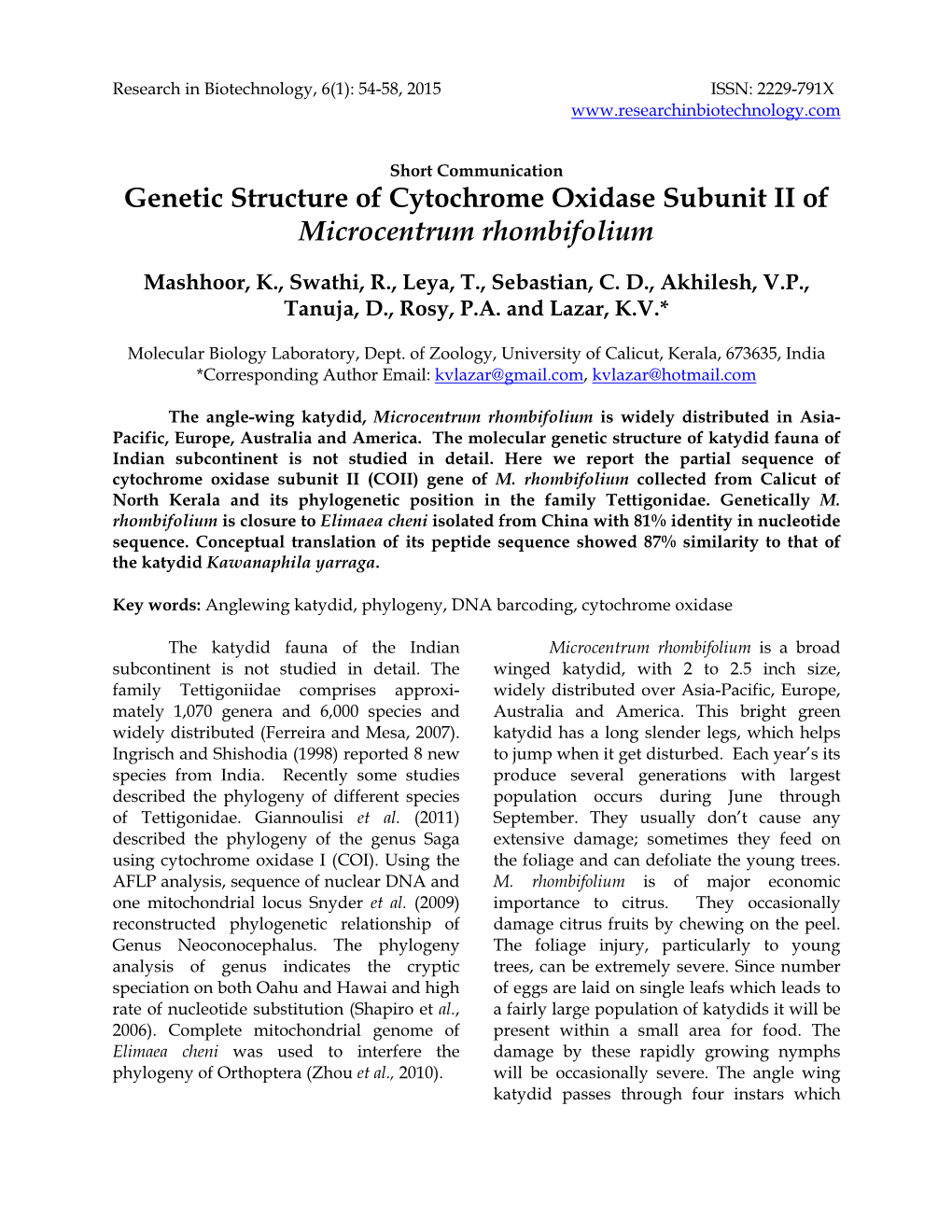 Genetic Structure of Cytochrome Oxidase Subunit II of Microcentrum Rhombifolium